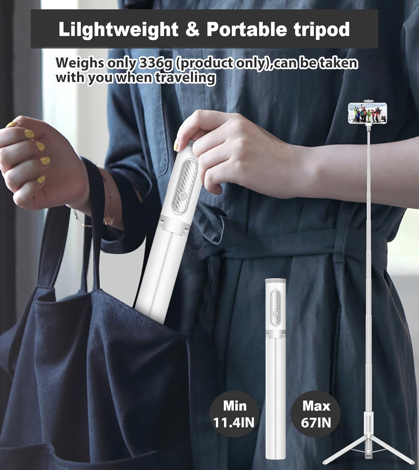 TONEOF 68" Travel Tripod,Selfie Stick,All-in-1 Phone Stand with Integrated Wireless Remote,Lightweight and Portable,Extendable for iPhone and Android(White)