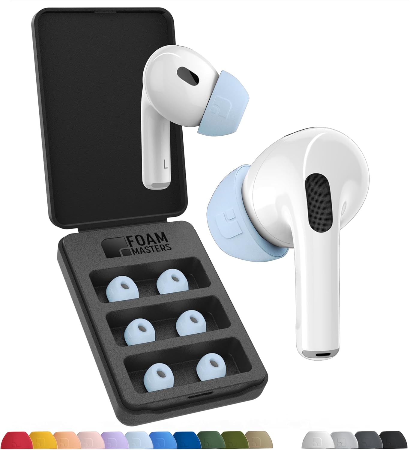 Foam Masters Ultra-Premium Memory Foam Ear Tips for AirPods Pro 1st & 2nd Gen | 3 Pairs | Black Magic Ver 6.0 | Secure | Comfort | Better Noise Cancel | Replacement Buds – Light Blue, Assorted S/M/L