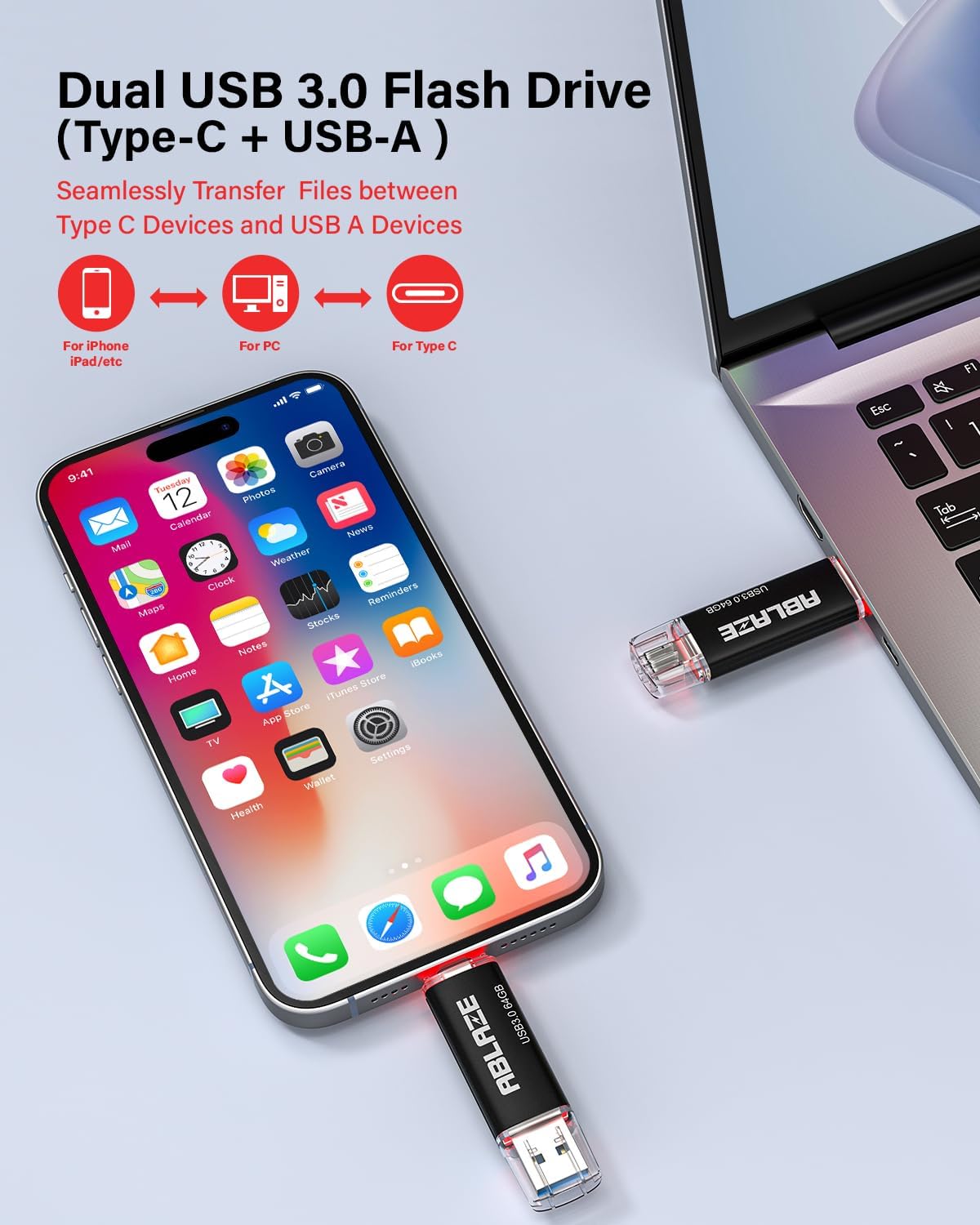 ABLAZE USB C Flash Drive 64GB 2 Pack, Dual USB 3.0+Type C Flash Drive Compatible with iPhone 16/15, Android Smartphone, Computer,Tablet Mac Laptop (2 Pack)