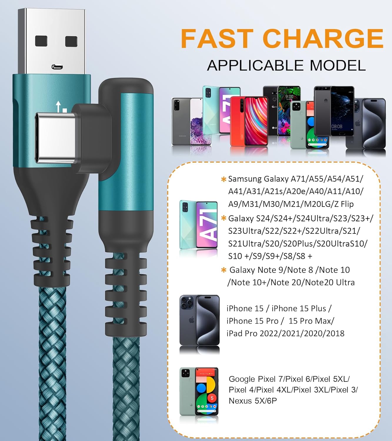 sweguard USB Type C Charger Cable Right Angle [2-Pack,10FT] iPhone 16 Charger Nylon Braided Cord for iPhone 15 16 Pro Max Samsung Galaxy S25 S24 S23 S22 S21 S20 S10 S9 Note A15 A55 Flip Pixel LG Moto