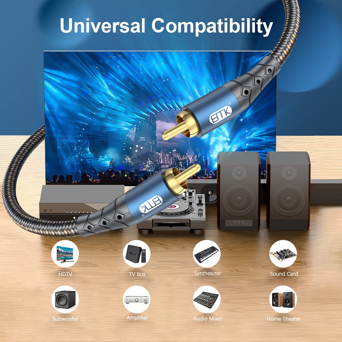 EMK Subwoofer Cable RCA to RCA Audio Cable 24K Gold-Plated Nylon Braided Double Shielded Digital Analogue Supports Amplifiers,Home Theater,Hi-Fi Systems,Subwoofer(3.3ft/1m)