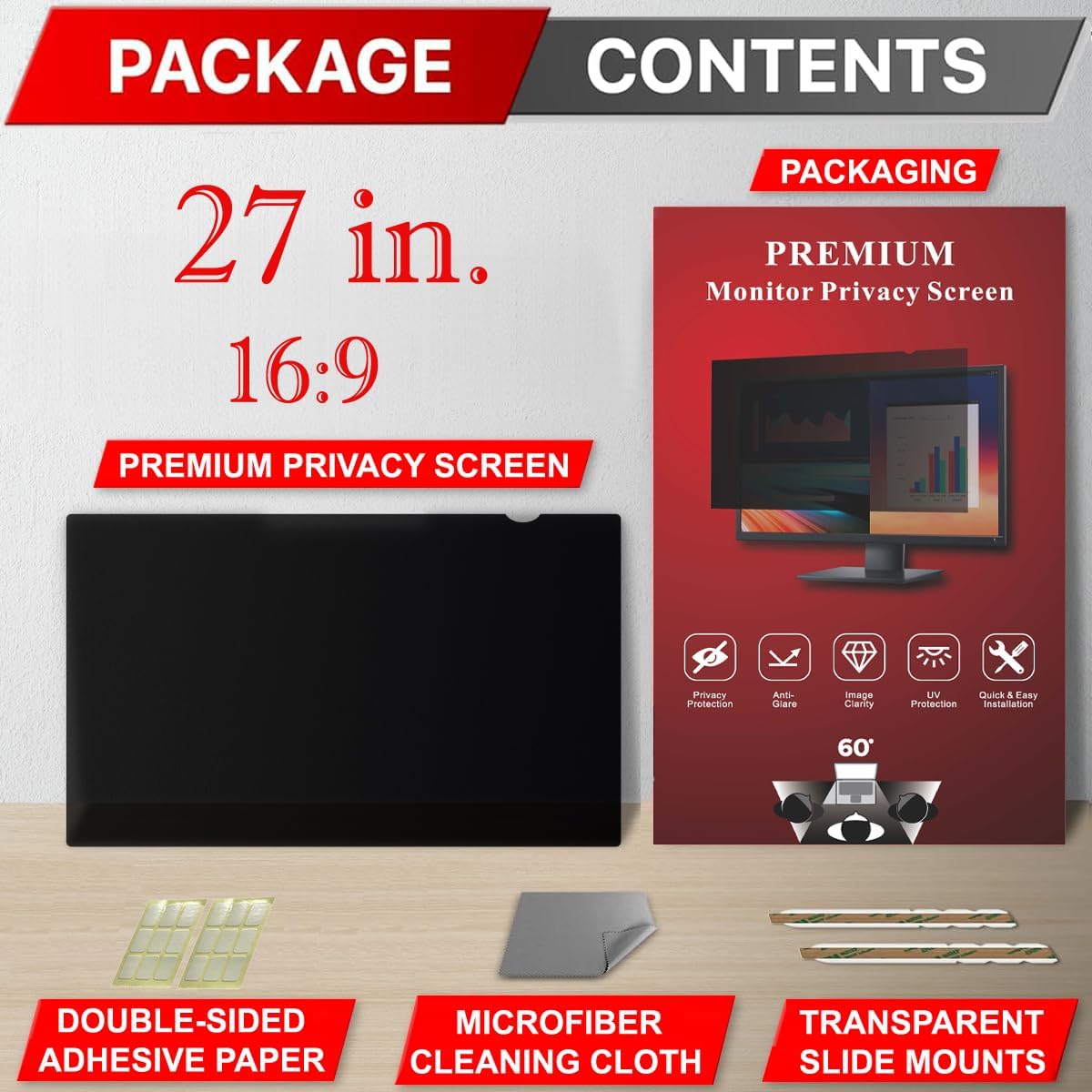 27 Inch Privacy Screen Filter for Widescreen 16:9 Monitor | Privacy Shield | Anti-Glare | Anti-Blue light Protector | Eye Protection | Computer Security Private Filter