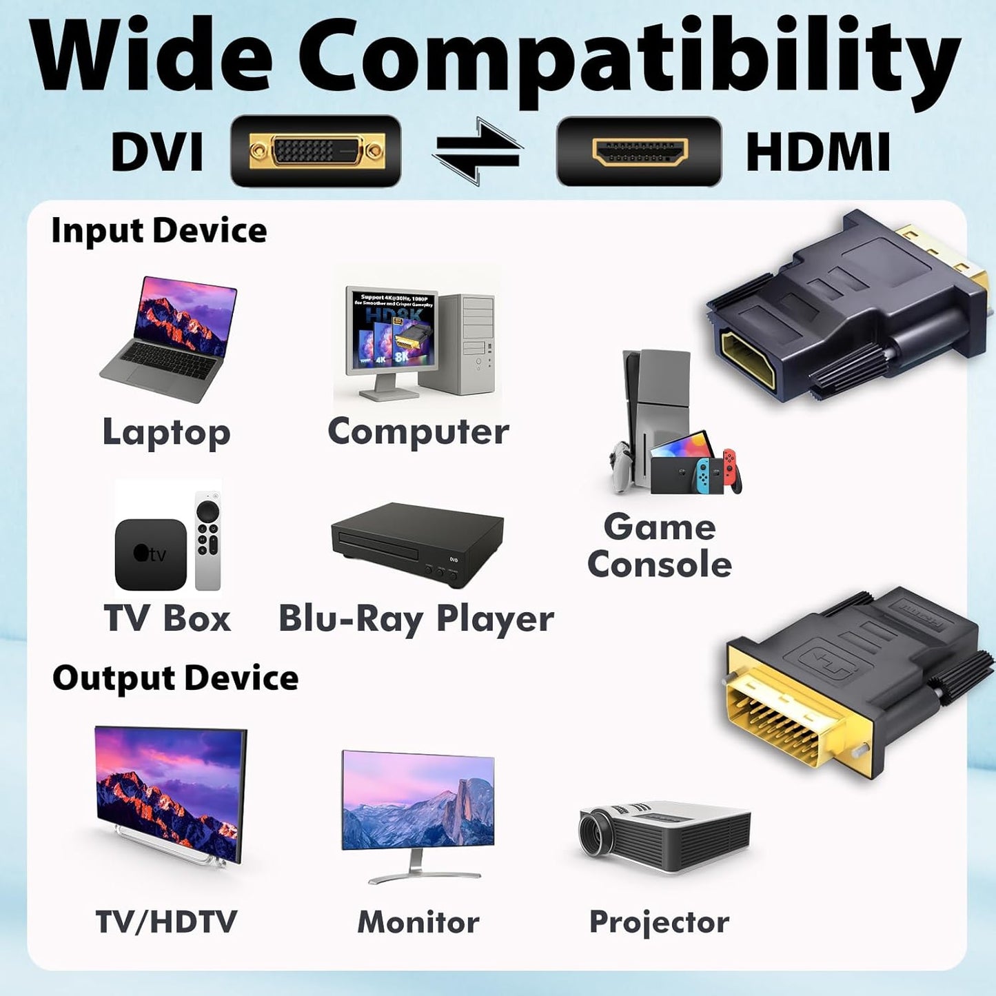 DVI to HDMI Adapter, 2-Pack – Bi-Directional DVI-D Male to HDMI Female Converter – 4K/30Hz UHD Video Support for Monitor, HDTV, Projector, PC, PS4, Laptop – Gold-Plated Connectors