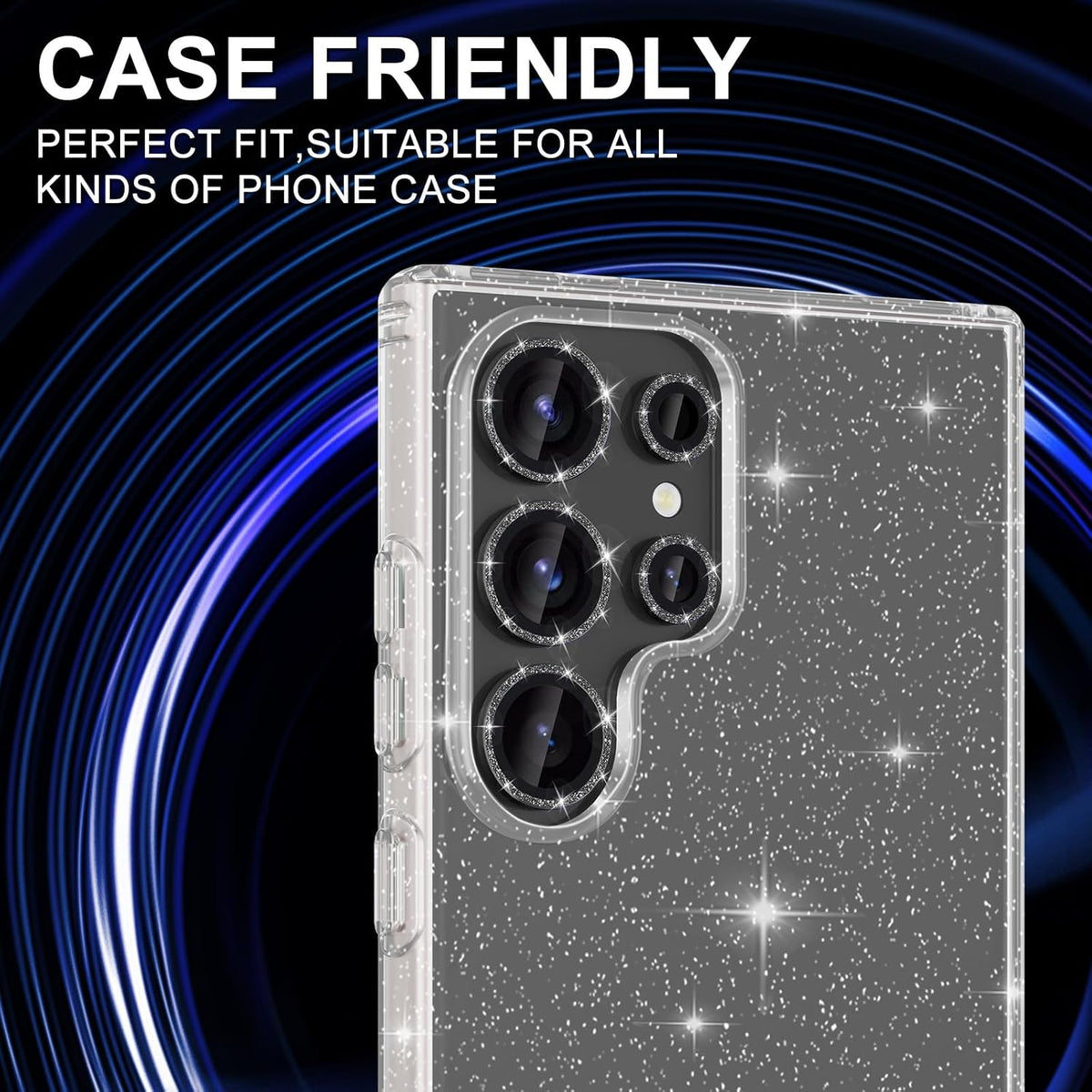 for Samsung Galaxy S25 Ultra Camera Lens Protector, Individual Metal Ring Tempered Glass Lens Cover, [Strong Adsorption] Scratch Resistant Ultra-Thin HD Clear Lens Cover, 1 Set-Black Sparkly