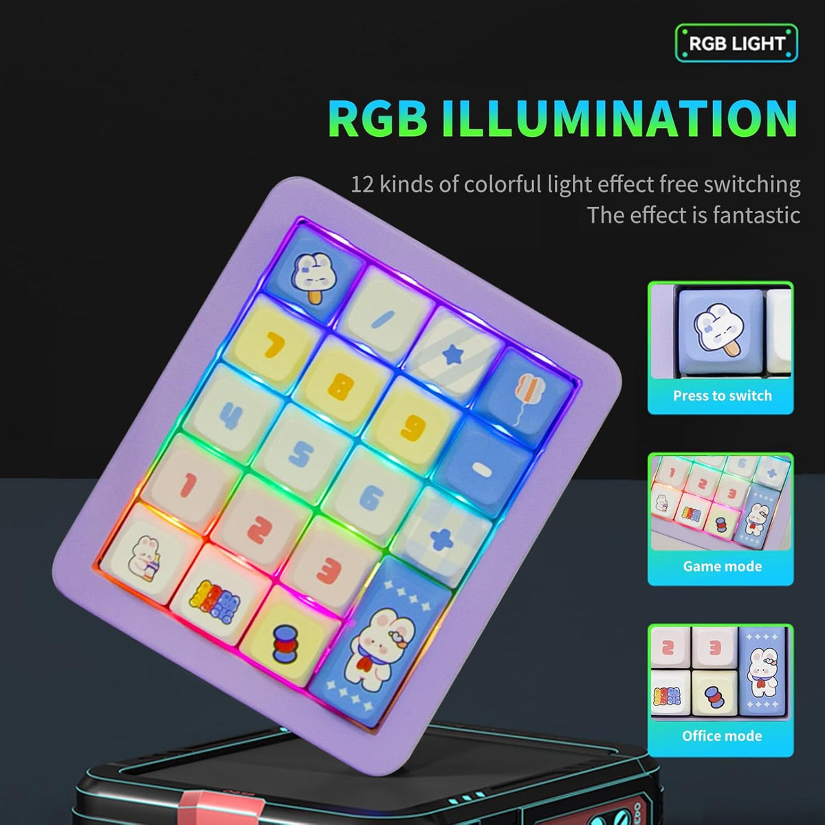 Adventurers K812 Wired Mechanical Numeric Keypad, 19-Key Hot-Swappable RGB Numpad, Macro Programmable, Detachable Type-C Cable, Game/Office Mode Switch – for PC/Laptop/Desktop (Purple)