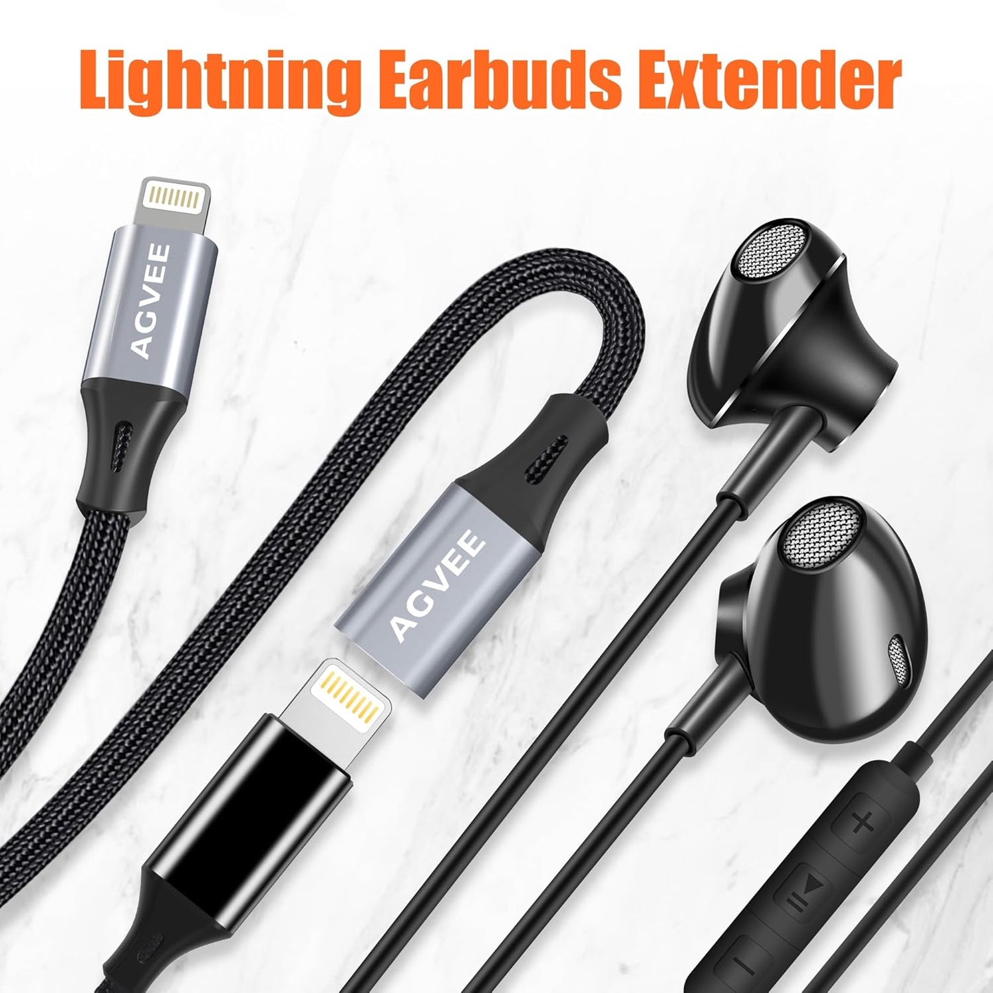 AGVEE 6.6ft Lightning Extension Cable, Braided Female to Male Extender Full Function Cord Compatible with iPhone iPad, Data Sync Video Audio & Charging Connector Adapter, Dark Gray