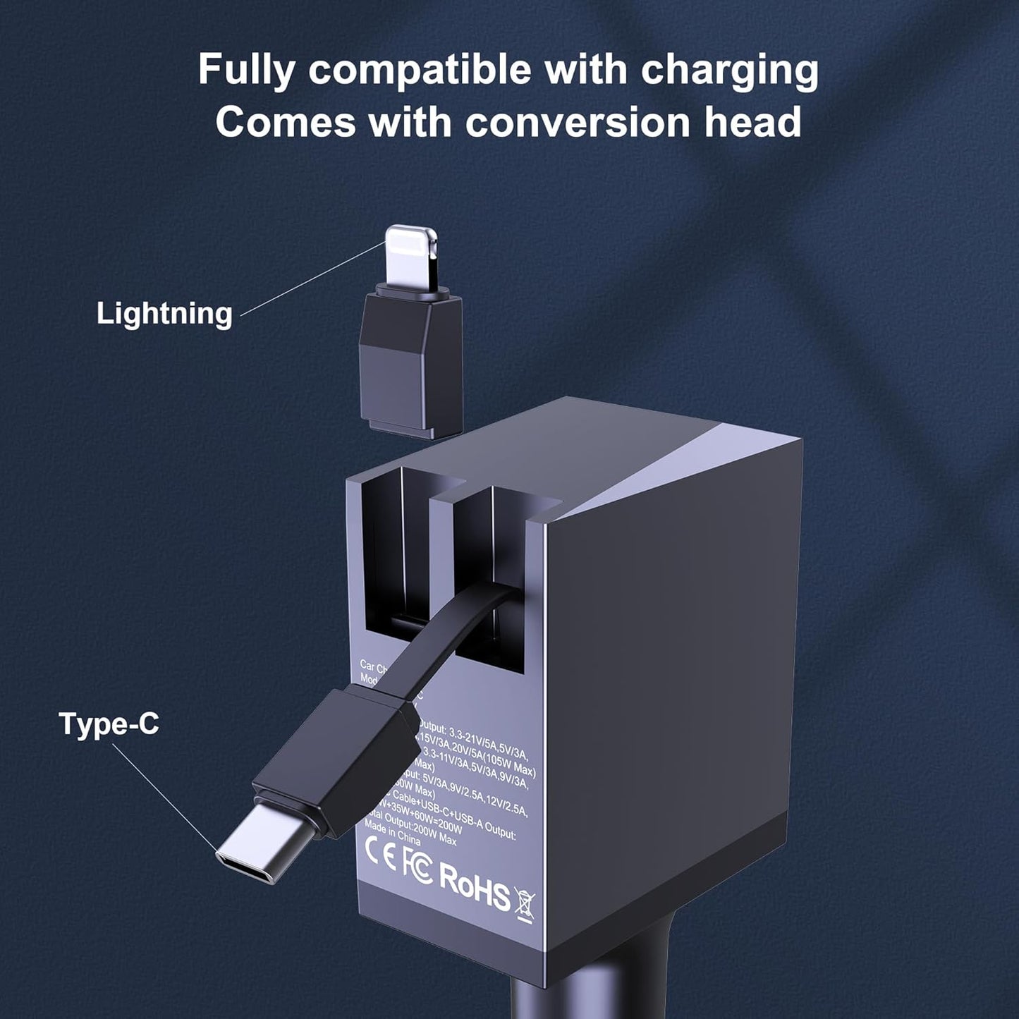 Aftertop 200W Retractable Car Charger, 3-in-1 Independent Fast Charging, 2.3ft 105W Retractable Cable, Power Display USB C Car Charger for MacBook Pro, iPhone 16 15, Galaxy S25 S24 Ultra etc