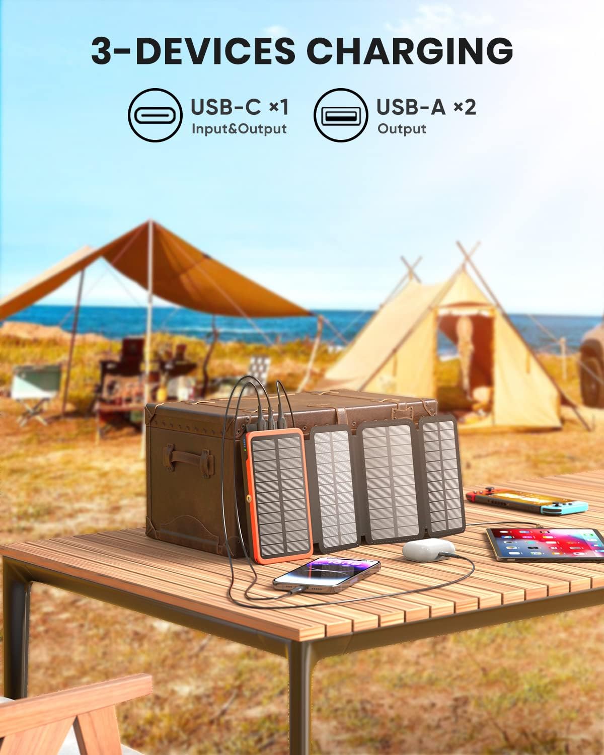 Hiluckey Solar Charger Power Bank 27000mAh - 22.5W Fast Charging Portable Phone Charger with 4 Solar Panels - USB C PD External Battery Pack with 3 USB Outputs for Cellphone Tablet