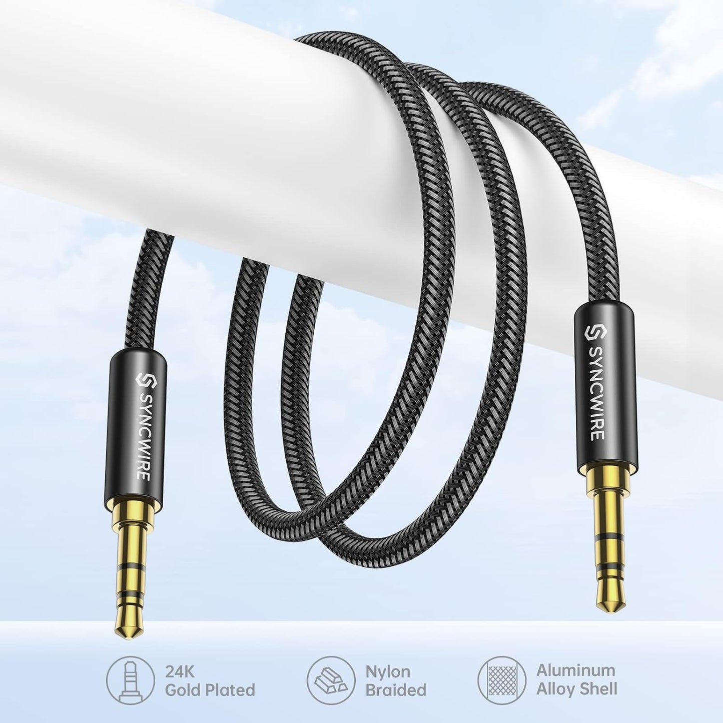 Syncwire 3.5mm Nylon Braided Aux Cable (3.3ft/1m,Hi-Fi Sound), Audio Auxiliary Input Adapter Male to Male Cord for Headphones, Car, Home Stereos, Speaker, iPhone, iPad, iPod, Echo & More – Black
