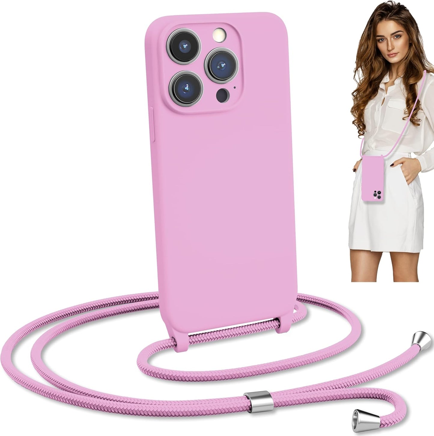 Blaspins Crossbody Lanyard Strap Case for iPhone 13, Neck Cross Body, Adjustable Holder Removable, Drop Protection Shockproof, Hands-Free Silicone Case Cover 6.1 inch, 150 cm Strap, iP13 - Pink