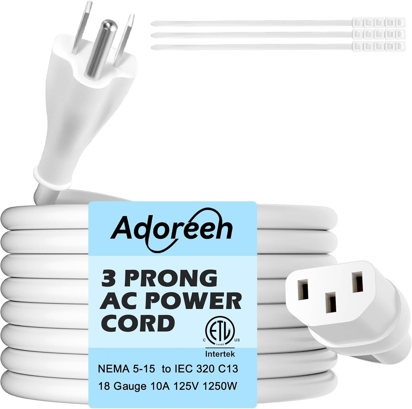 Adoreen 10 Ft Computer TV Replacement Power Cord White, 18AWG 3-Prong AC Universal Power Supply Cable NEMA 5-15P to IEC 320 C13 for Printer, PC, Monitor TV LCD, ETL+Ties
