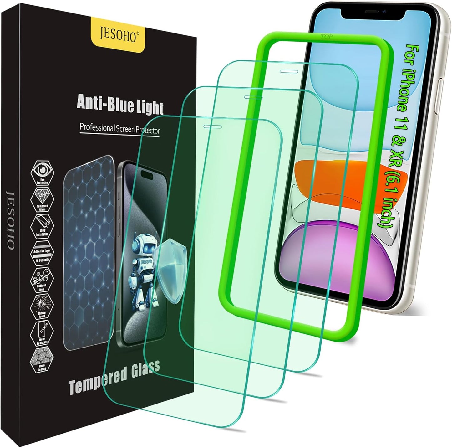 Blue Light Screen Protector for iPhone 11, iPhone XR (6.1") HD Anti Blue Light Blocking Tempered Glass Film, Eye Protection,Case Friendly, No Bubbles, with Easy Installation Kit, 3 Pack