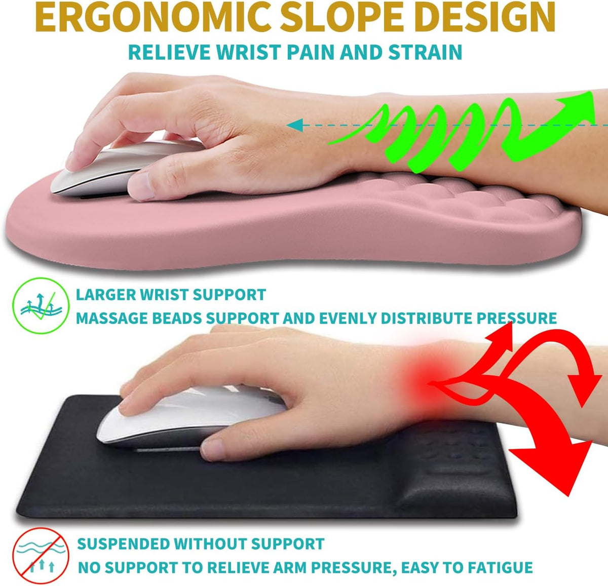 Hokafenle 2 in 1 Ergonomic Mouse Pad Wrist Support & Wrist Rest for Computer Keyboard Set, with Relieve Carpal Tunnel Pain Massage Bulge and Full Memory Gel Design (2In1 Set, Pink)