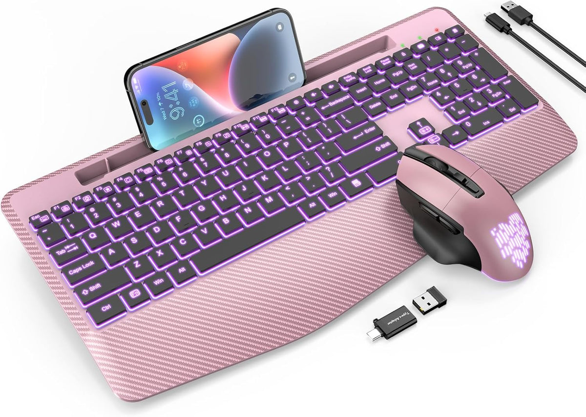 Wireless Keyboard and Mouse Backlits, Wrist Rest, LED Mouse, Rechargeable Ergonomic Keyboard with Phone Holder, Silent Light Up Combo for Computer, Mac, PC, Laptop, Chromebook (Rose Gold)