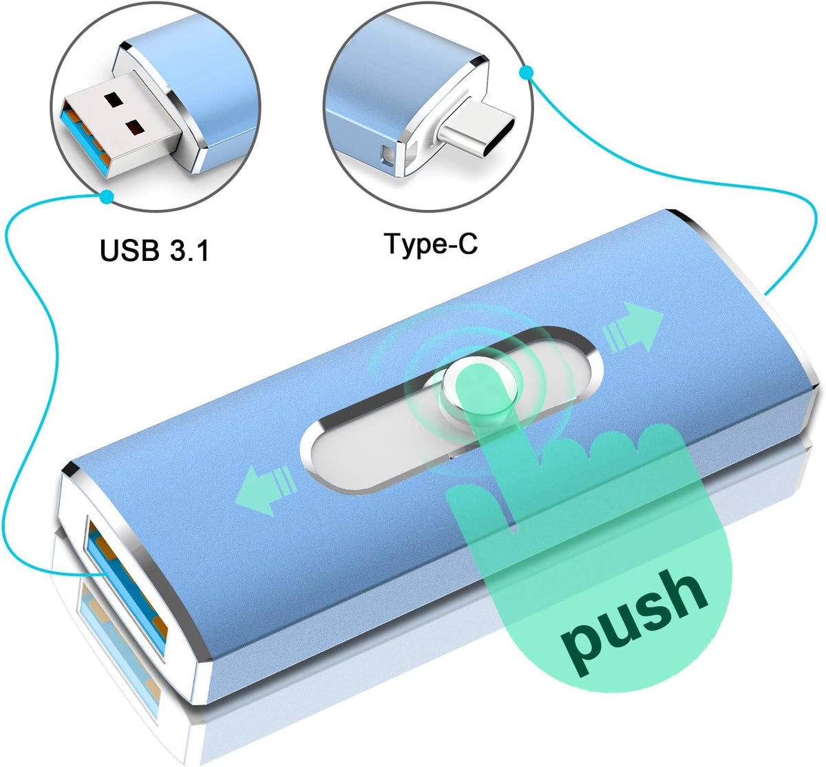 USB C Flash Drive Aiibe 128GB USB 3.1 Flash Drive Dual Drive USB Type-C Thumb Drive 128GB 128G USB C Drive Speeds Up to 350MB/s - Blue