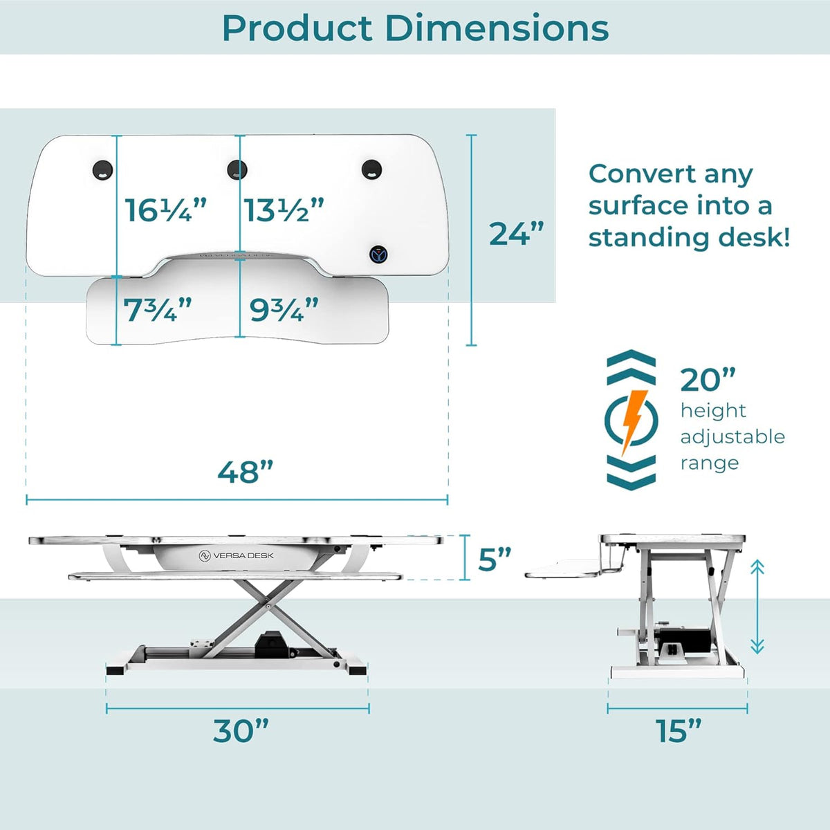 VERSADESK® PowerPro™ 48 Inch Extra Wide Standing Desk Converter, PowerPro™ Electric Height Adjustable Sit to Stand Desk Riser with Keyboard Tray, Build-in USB Charging Outlet, Hold 80 lbs, (48", White)