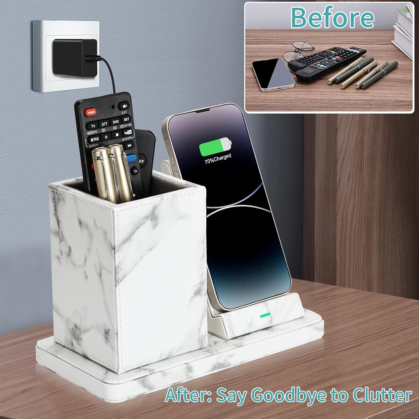 Wireless Charger with Desk Organizer, Wireless Charging Station for iPhone 13/13 Pro Max/13 Pro/12 Series/11/XS Max/XR/X/8Plus/SE 2, Wireless Charging Stand with Leather… (Marble)