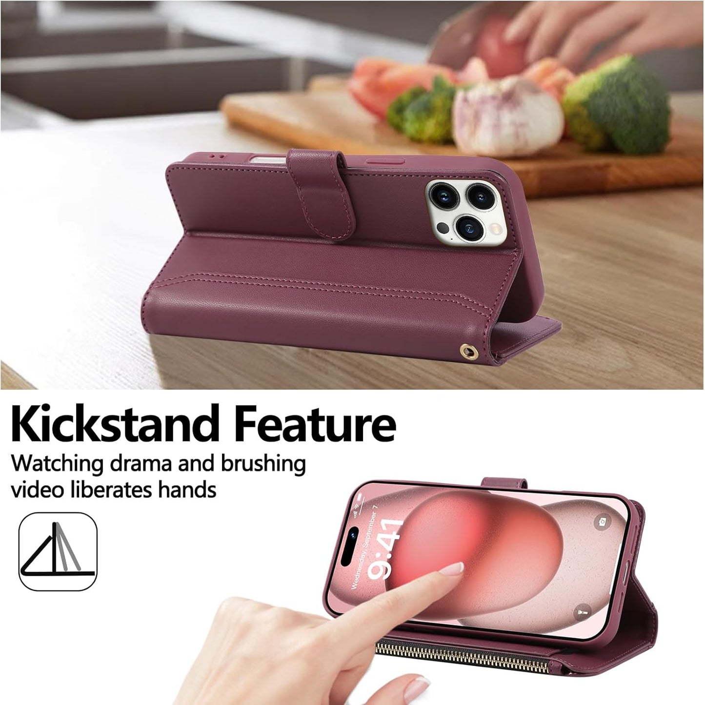Compatible with iPhone 12 Pro Max Wallet Phone Case-PU Leather Magnetic Flip Cover with Credit Card Slots,Zipper Pocket & Detachable Wrist Strap,Shockproof Design,for Women and Men-Claret