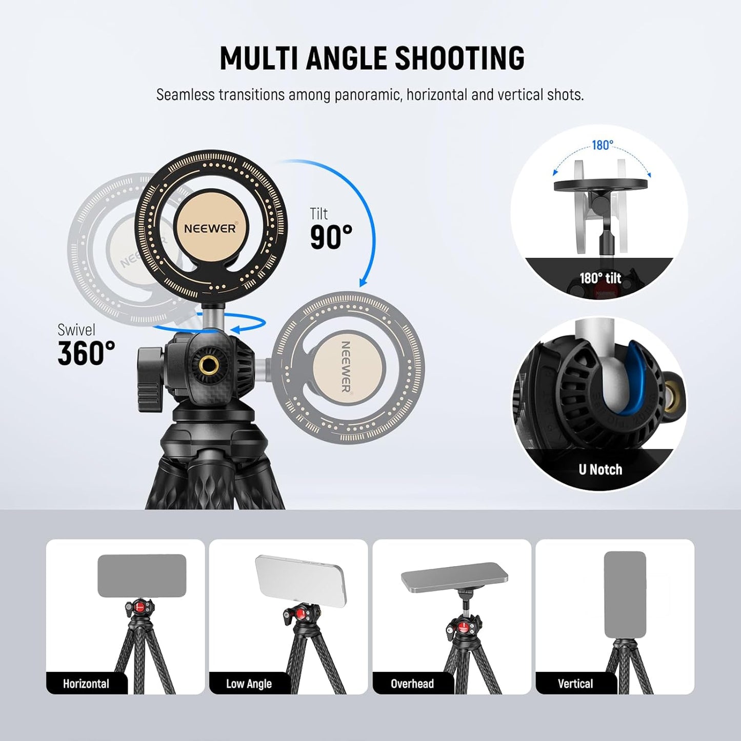 NEEWER Magnetic Flexible Phone Tripod Compatible with Magsafe iPhone 15 Pro Max 14 Series Android, Mini Vlog Cellphone Tripod Stand with Ball Head for Stroller Bike Motorcycle Tube Round Objects, TP33