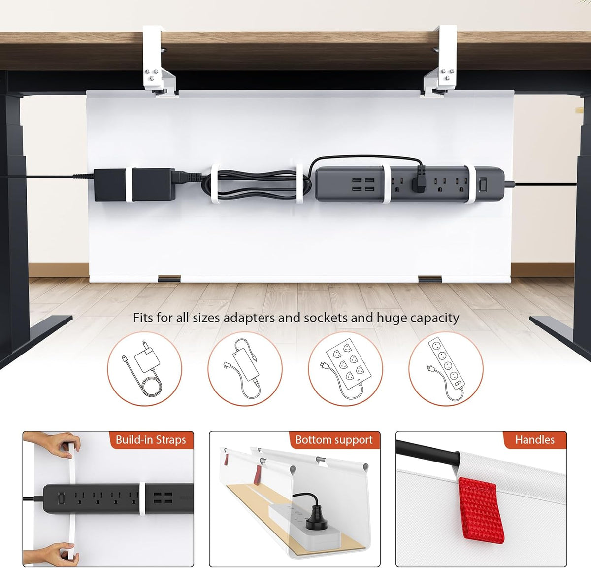 Univivi No Drill Under Desk Cable Management Tray, 28" Cord Organizer for Table, Clamp/Screw Mount Desk Cable Management, Premium Fabric Cable Management Tray for Office, Home