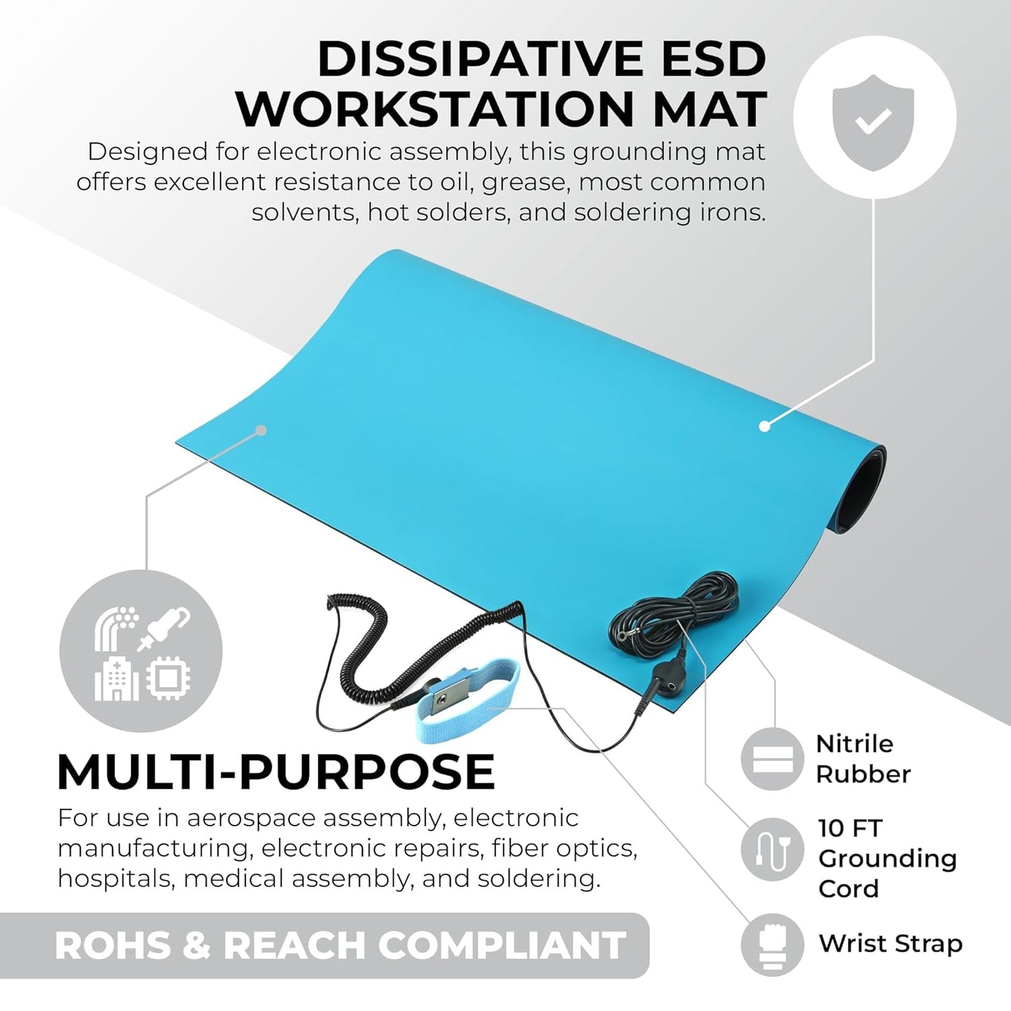 MWRF Source ESD Mat Kit with Wrist Strap and Grounding Cord (2.5 FT x 3 FT x 0.12 Inch, Blue)