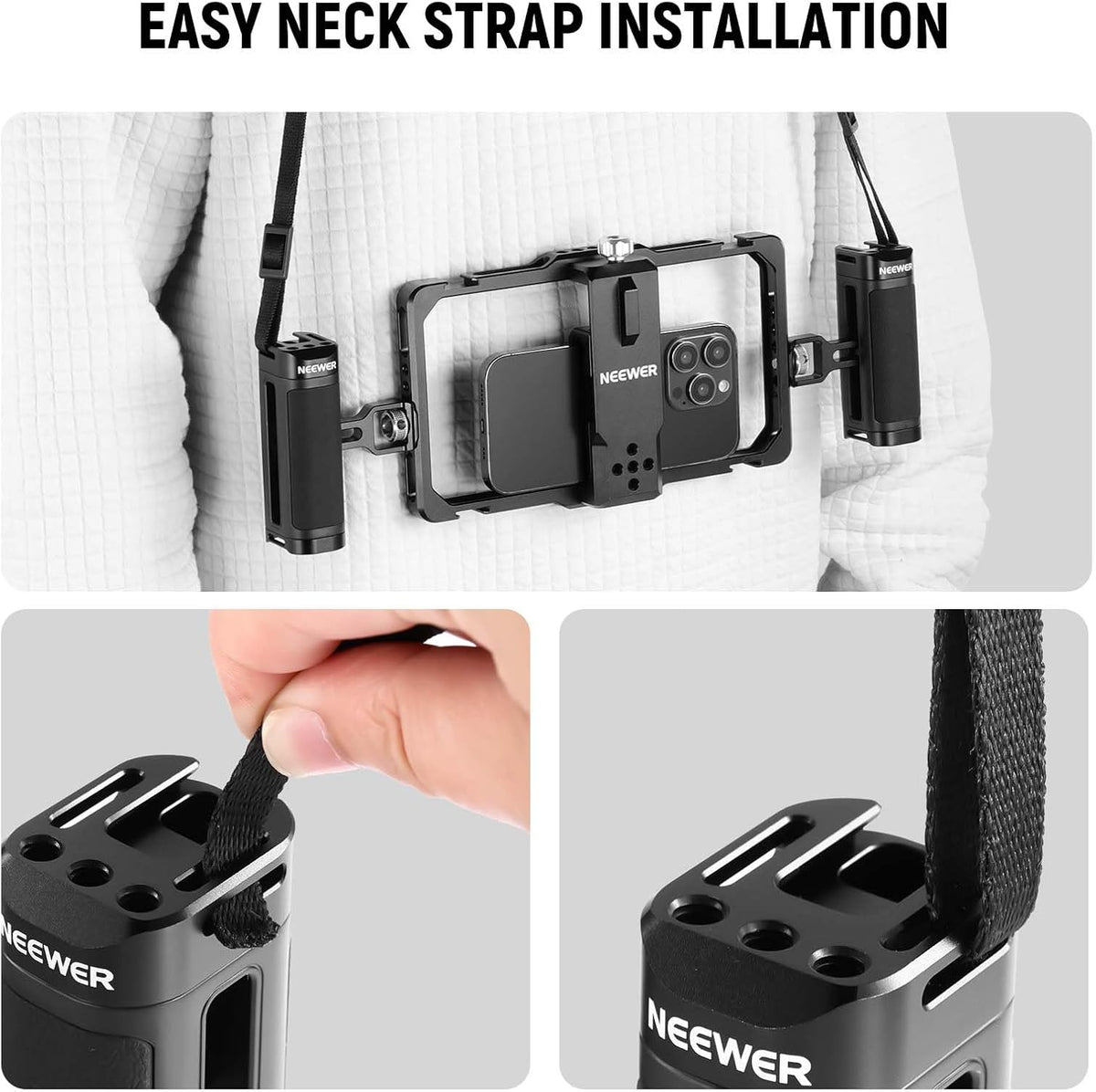 NEEWER Smartphone Video Rig with Neck Strap/Dual Handle/Lavalier Mic Clip Slot Compatible with SmallRig Video Recording Phone Cage Stabilizer for iPhone 16 15 Pro Max Galaxy S23 Pixel 8 Pro, PA009S