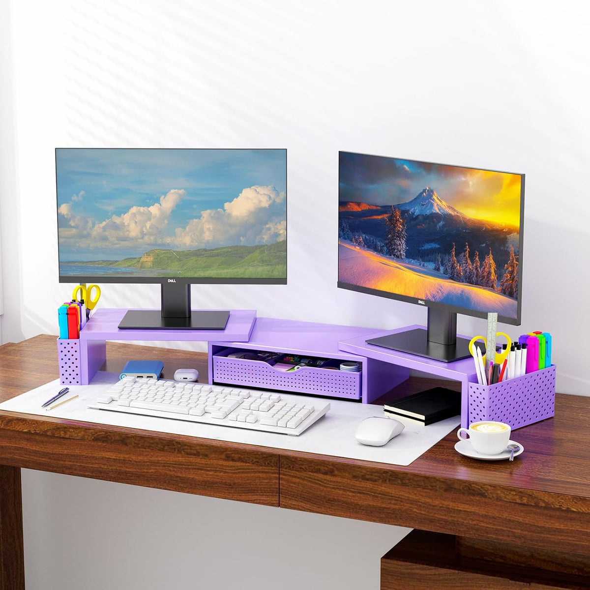 Spacrea Metal Desk Organizers and Accessories, Dual Monitor Stand Riser with Drawer and 2 Pen Holders, Desk Accessories & Workspace Desktop Organizers for Office Supplies (Purple)
