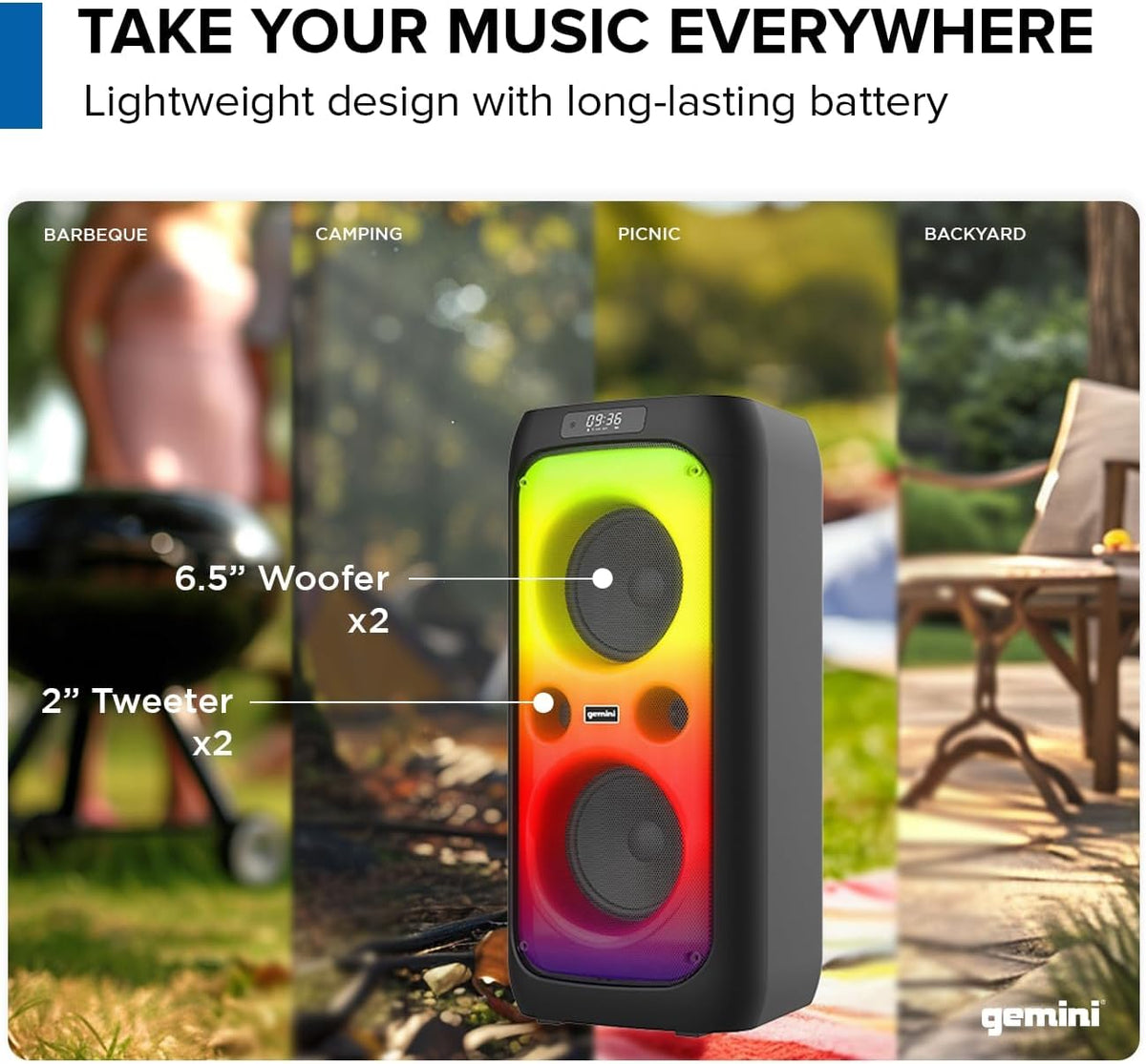 Gemini 200W Portable Bluetooth Party Speaker with Dual 6.5" Woofers, LED Lights, Wireless Mic, 9Hr Battery Play Time, TWS Pairing & USB Playback (GGO-2650L)