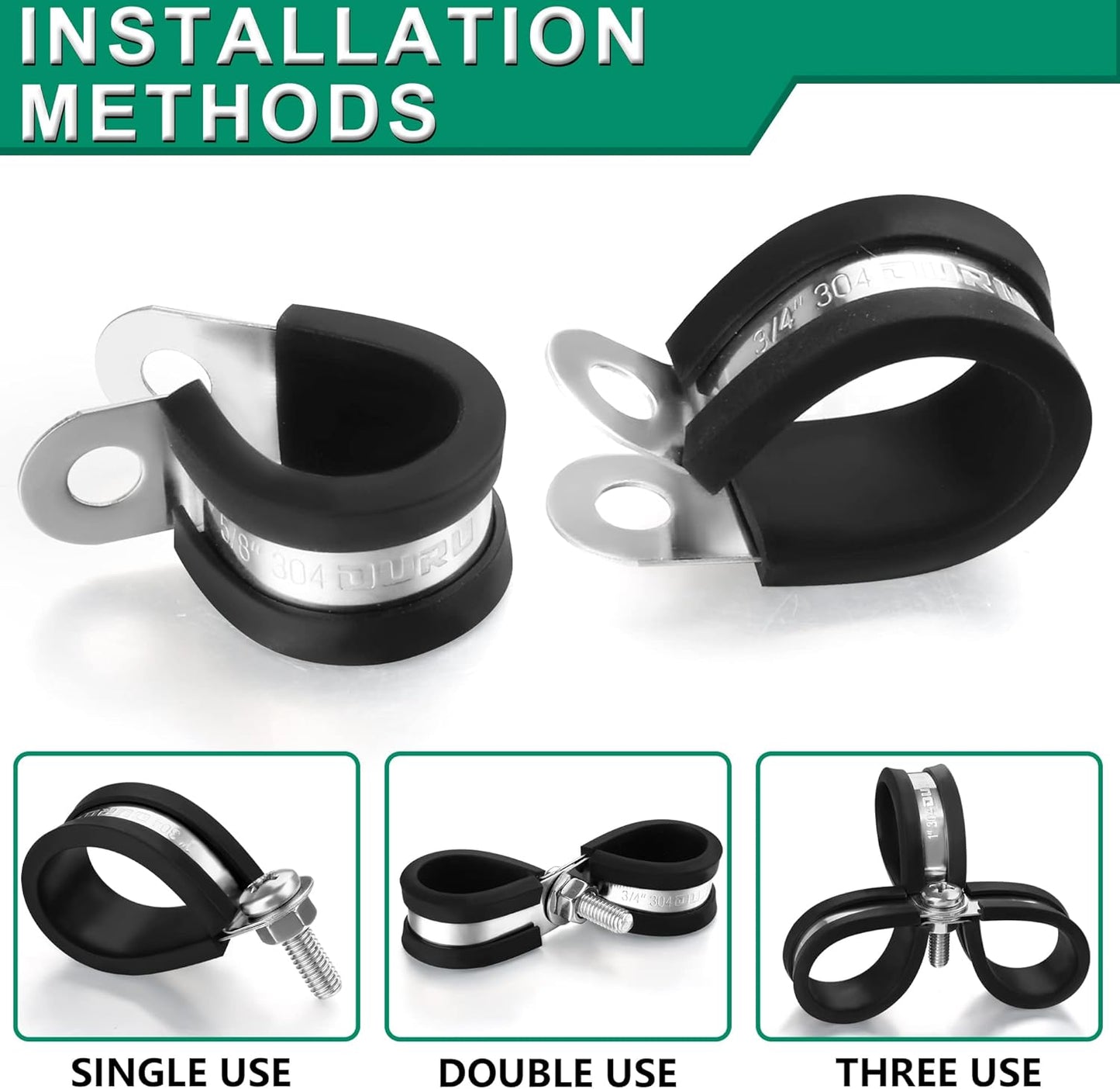 1/2-Inch Stainless Steel Rubber Coated Pipe & Wire Clamps (30pcs, Black, 13mm)