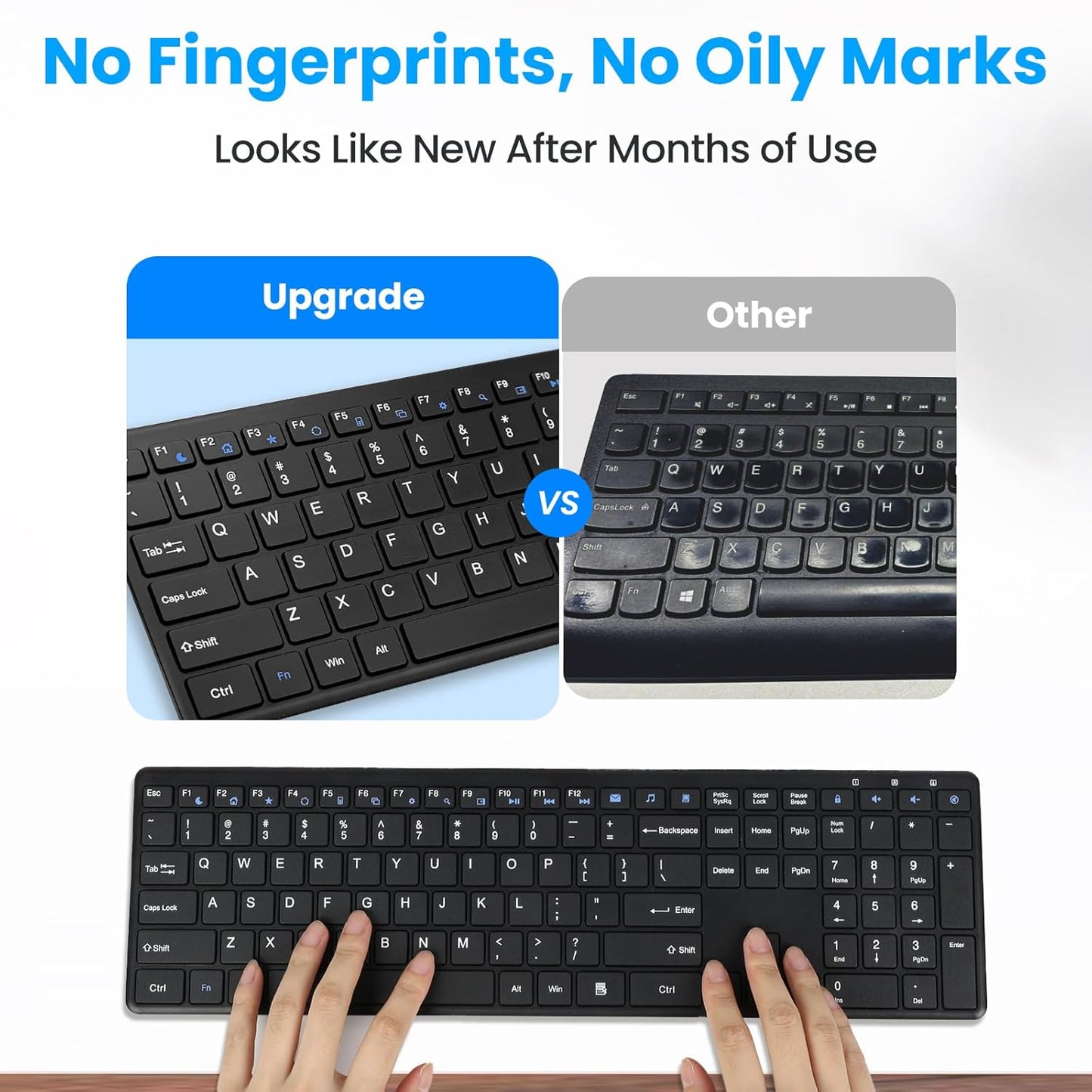 Wireless Keyboard-2.4G Ultra Slim Quiet Full Size Matte USB PC Computer Keyboard,19 Multimedia Keys,Number Pad,Plug&Play,Lag-Free Ergo,Long Battery life for Desktop,Laptop,Smart TV,MAC,Windows,QWERTY