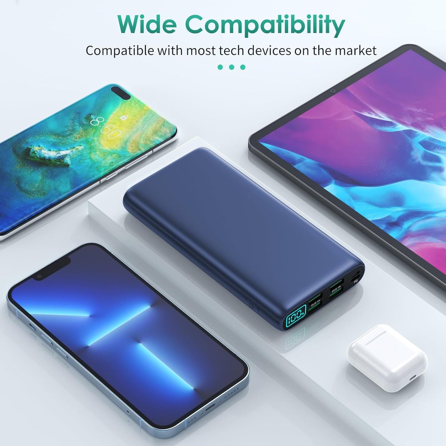 Portable Charger 38800mAh,LCD Display Power Bank,5 USB Outputs Battery Pack Backup,USB-C in&out Dual Input Phone Charging Compatible with iPhone 16/15/14/13 Pro,Android Samsung Galaxy Pixel Nexus-Blue