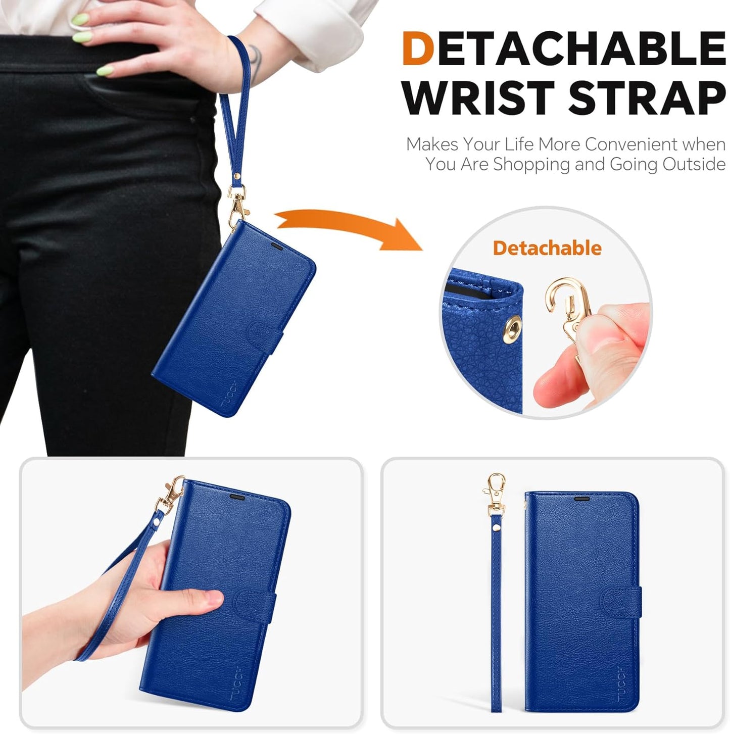 TUCCH Case Wallet for Galaxy S25 Ultra, Removable [2 in 1] [Wireless Charging] Wrist Strap PU Leather Magnetic Stand RFID Blocking [4 Card Slots] Detachable Folio for Galaxy S25 Ultra 6.9", Klein Blue