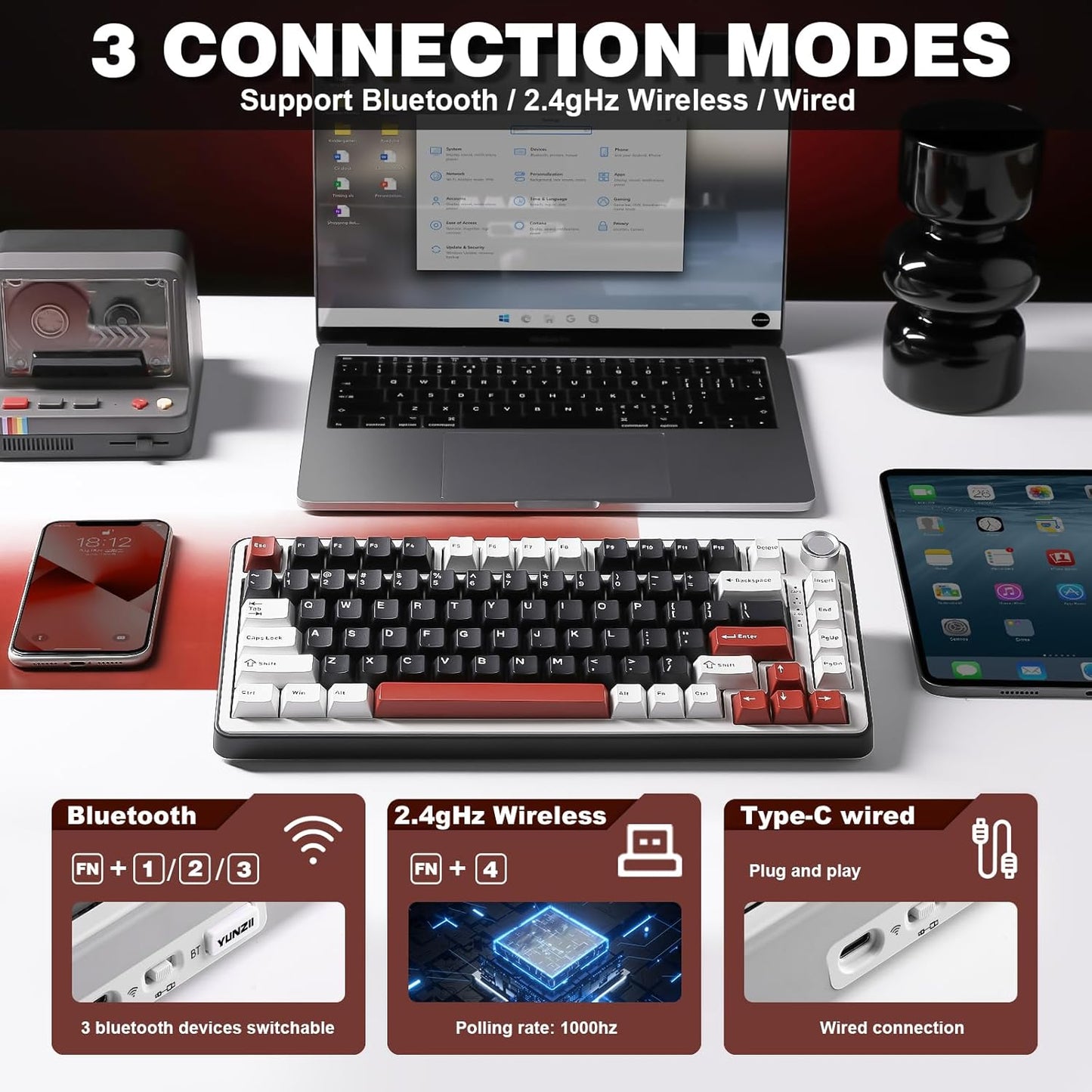 YUNZII B75 PRO Wireless Mechanical Keyboard,75% Layout with Knob,Hot Swap Gasket Custom Structure,Creamy Pre-lubed Switches,RGB Backlit,Bluetooth/Type-C/2.4G for Win/Mac(Cocoa Cream V2 Switch,Black)