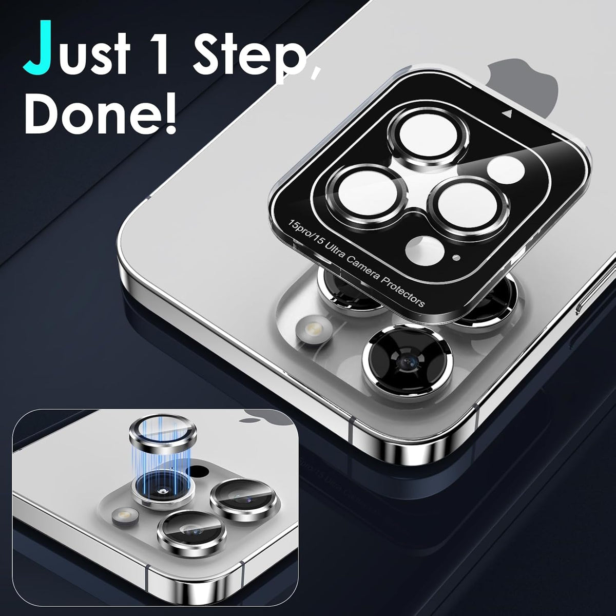 YWXTW CameraLens Protector,[1 Step Installation Tray] Tempered Glass Screen Metal Individual Cover Accessories Case Friendly (Silver Titanium) (iPhone 15 Pro/15 Pro Max)