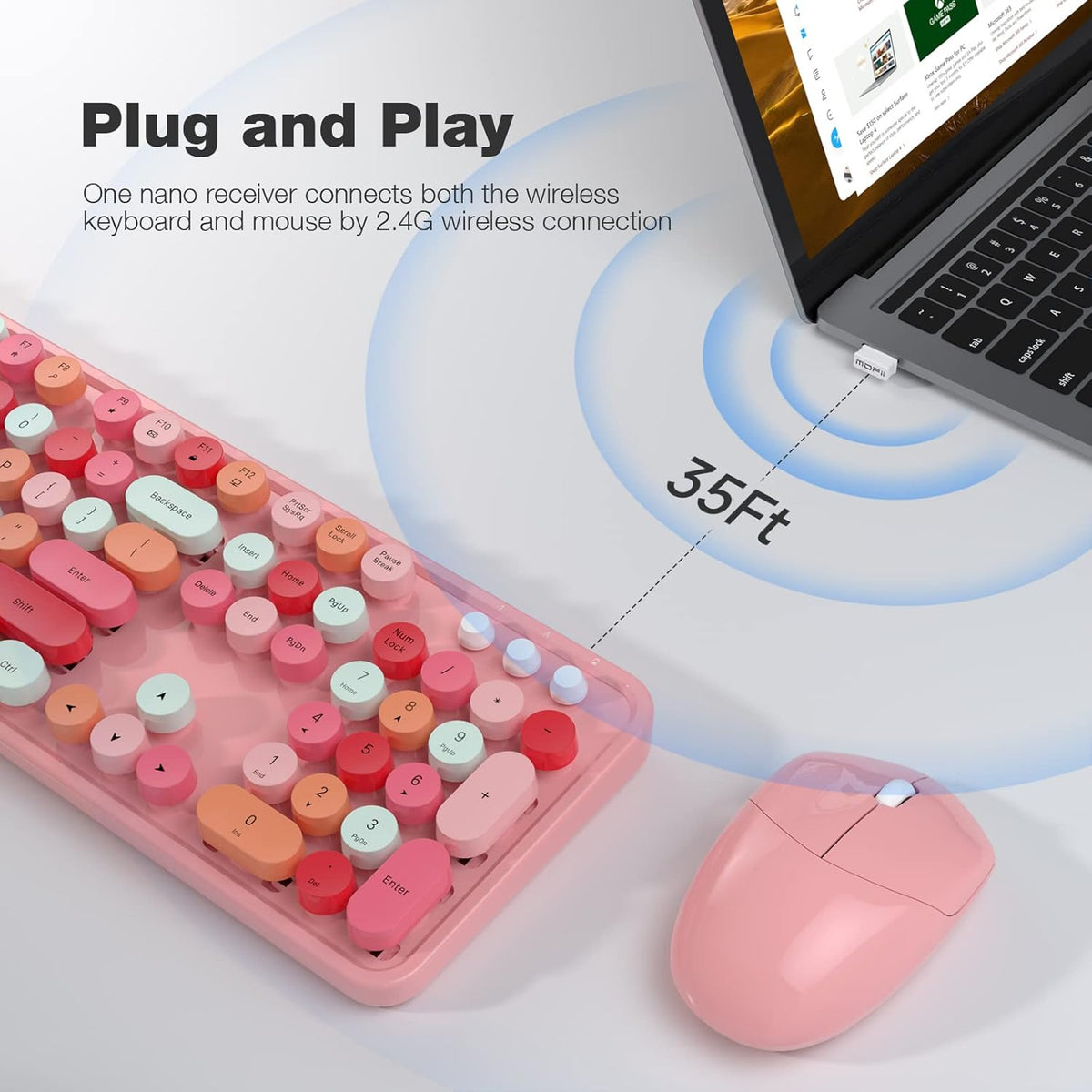 KNOWSQT Wireless Keyboard and Mouse Combo, Pink Colorful 2.4G Typewriter Full-Size Cute Keyboards - USB Receiver Plug and Play, for Computer, PC, Laptop, Desktop, Windows