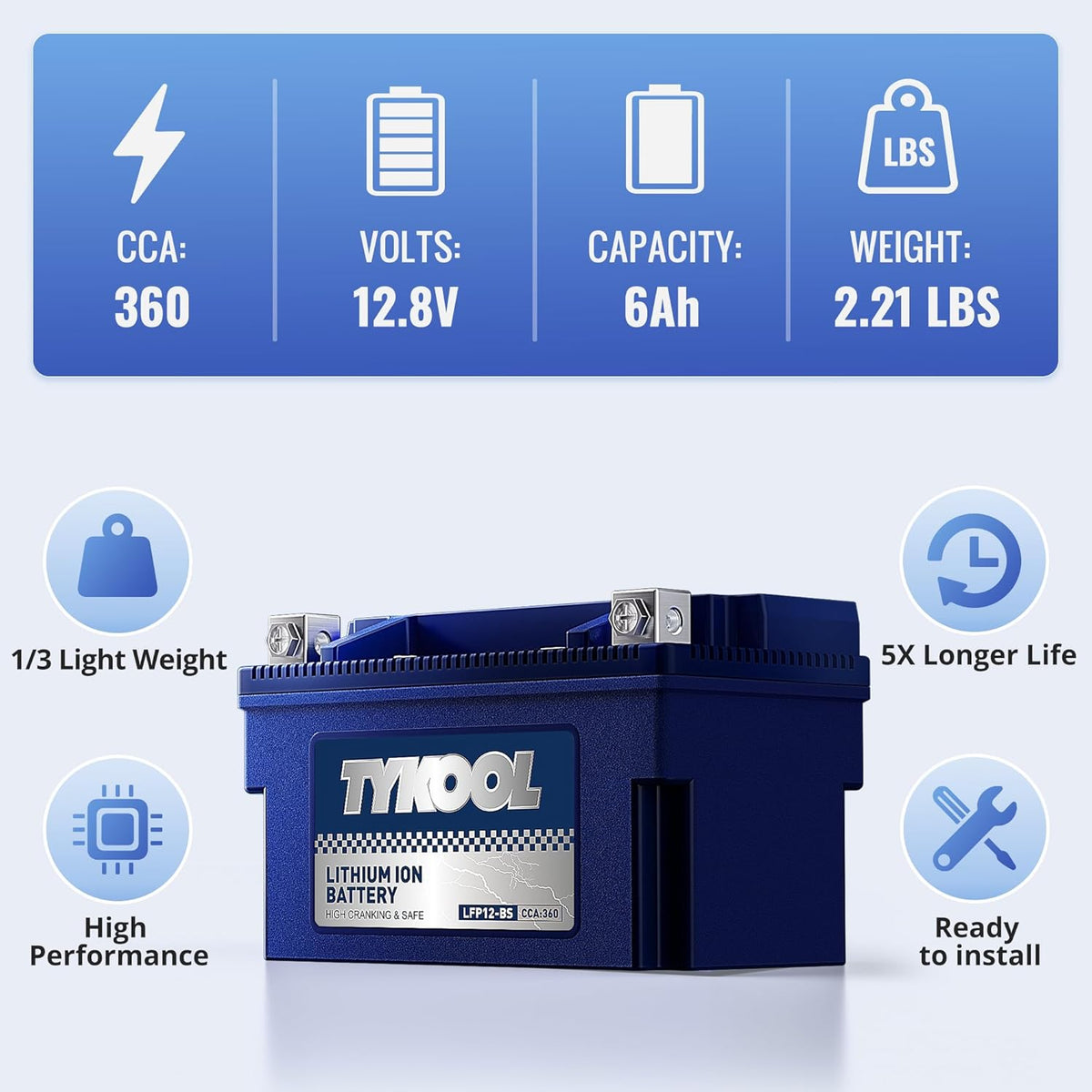 YTX12-BS High Performance LiFePO4 Lithium Motorcycle Battery,360CCA,12V 6Ah,Digital Readout,Fits for Honda TRX250 Recon,Suzuki LT-F250 Ozark,BRP (CAN-AM) DS250 ATV,Polaris RZR UTV,Vespa 300cc Scooter