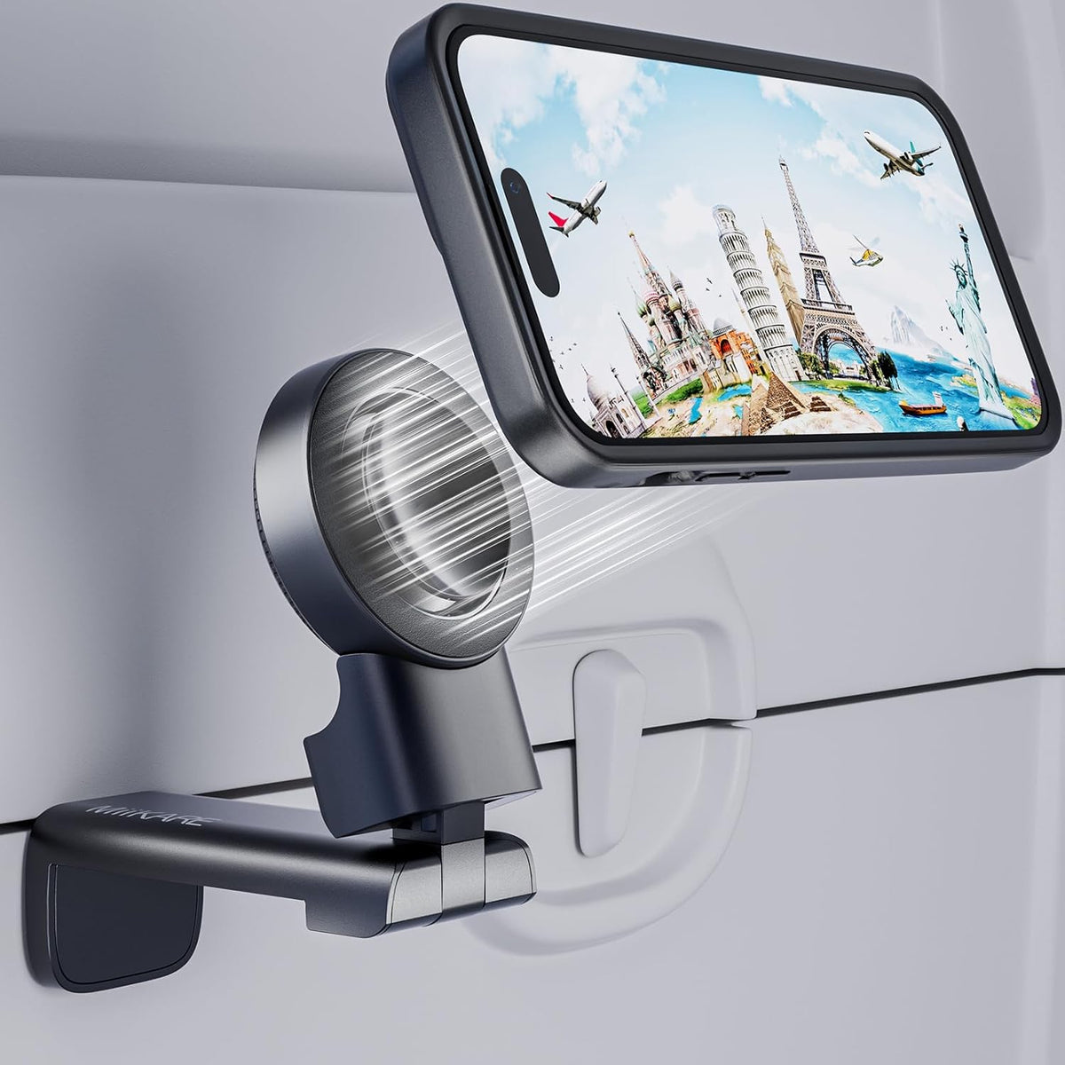 MiiKARE Travel Essentials Magnetic Airplane Phone Holder, Universal Handsfree Phone Mount for Flying with 360 Degree Rotation, Travel Must Haves Phone Stand for Desk, Tray Table, Black