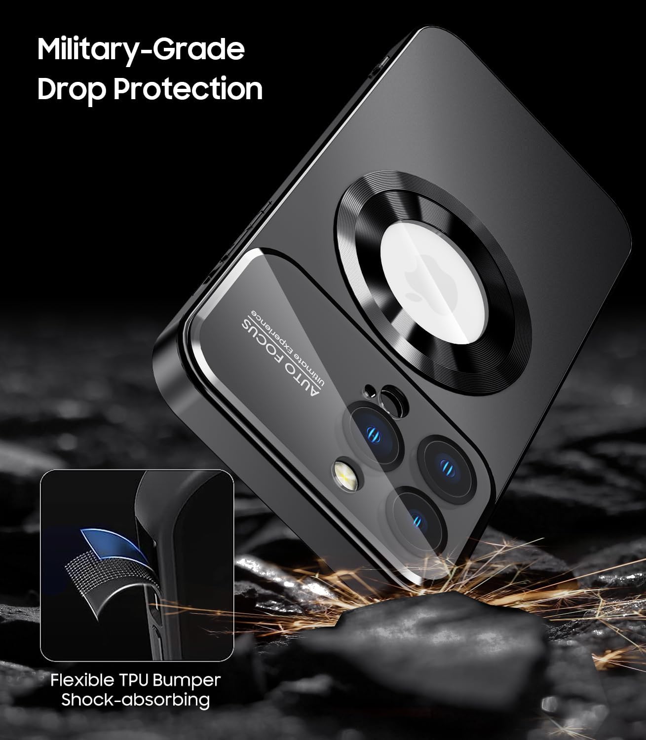 Magnetic for iPhone 16 Pro Case, Compatible with MagSafe, Built-in Camera Lens Protector, Logo View, Military Grade Drop Proof Phone Cover, Black