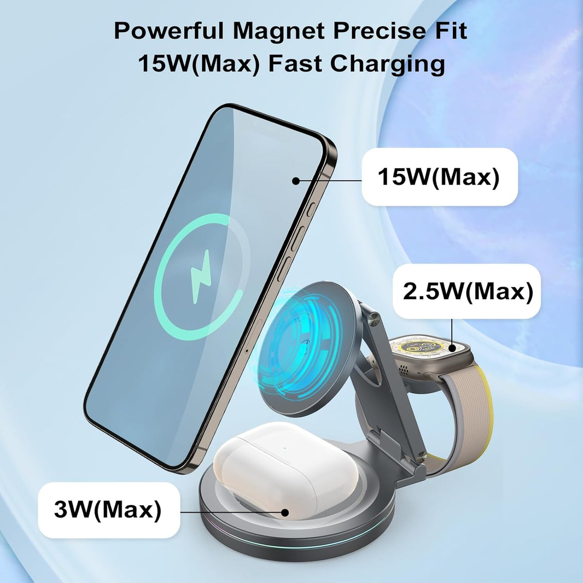 Foldable 360º Rotatable Zinc Alloy 3-in-1 Magnetic Wireless Charger,3 in 1 Charging Station,Charging Stand,15W for iPhone 12-16,for Apple Smartwatches, AirPods (Adapter Included) (White)