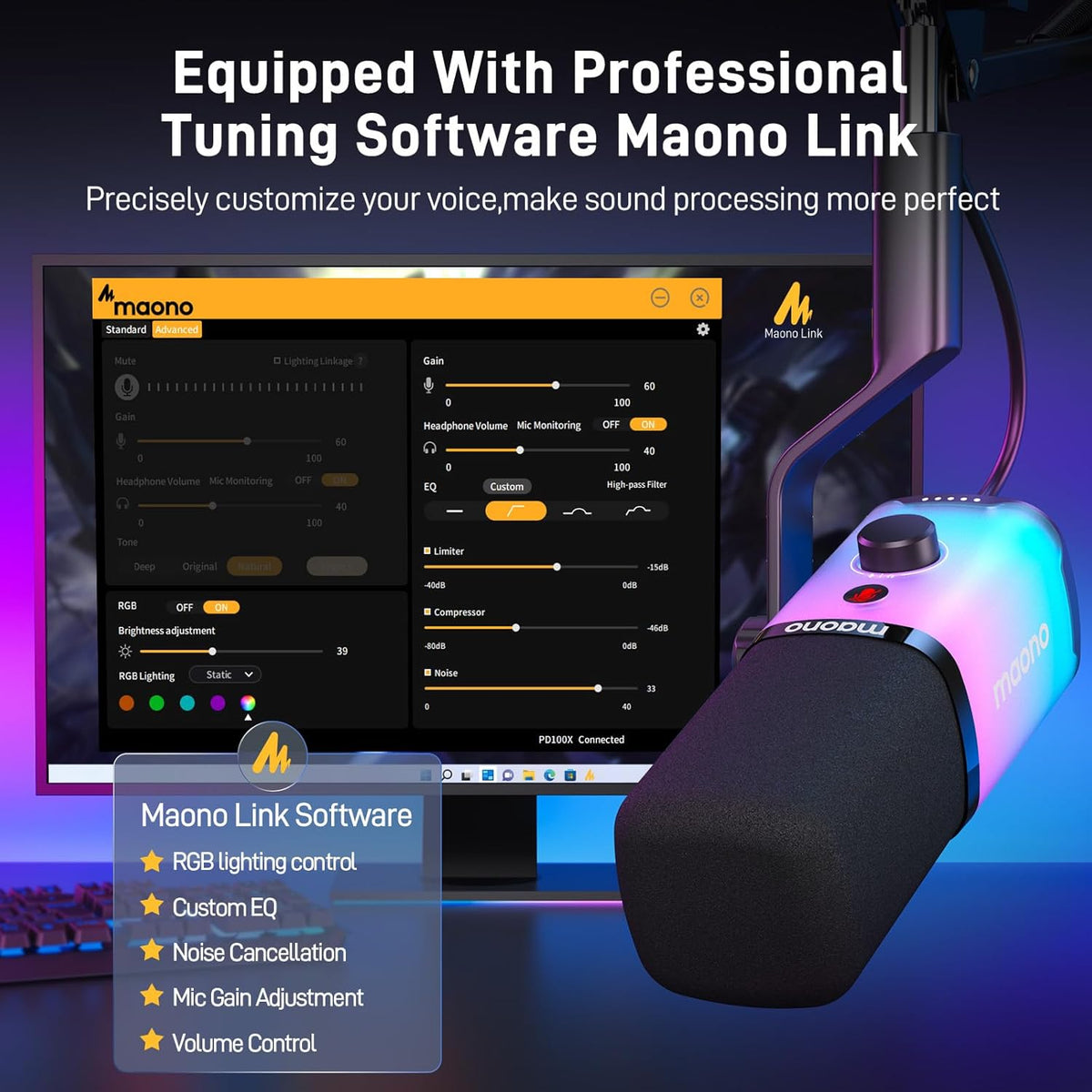 MAONO Dynamic Gaming Microphone: USB/XLR Streaming Mic for PC Podcast Recording, Custom Software, RGB, Mute Button, Gain Knob, 48kHz/24bit Studio Desktop Mic for YouTube Video Creation -PD100X RGB