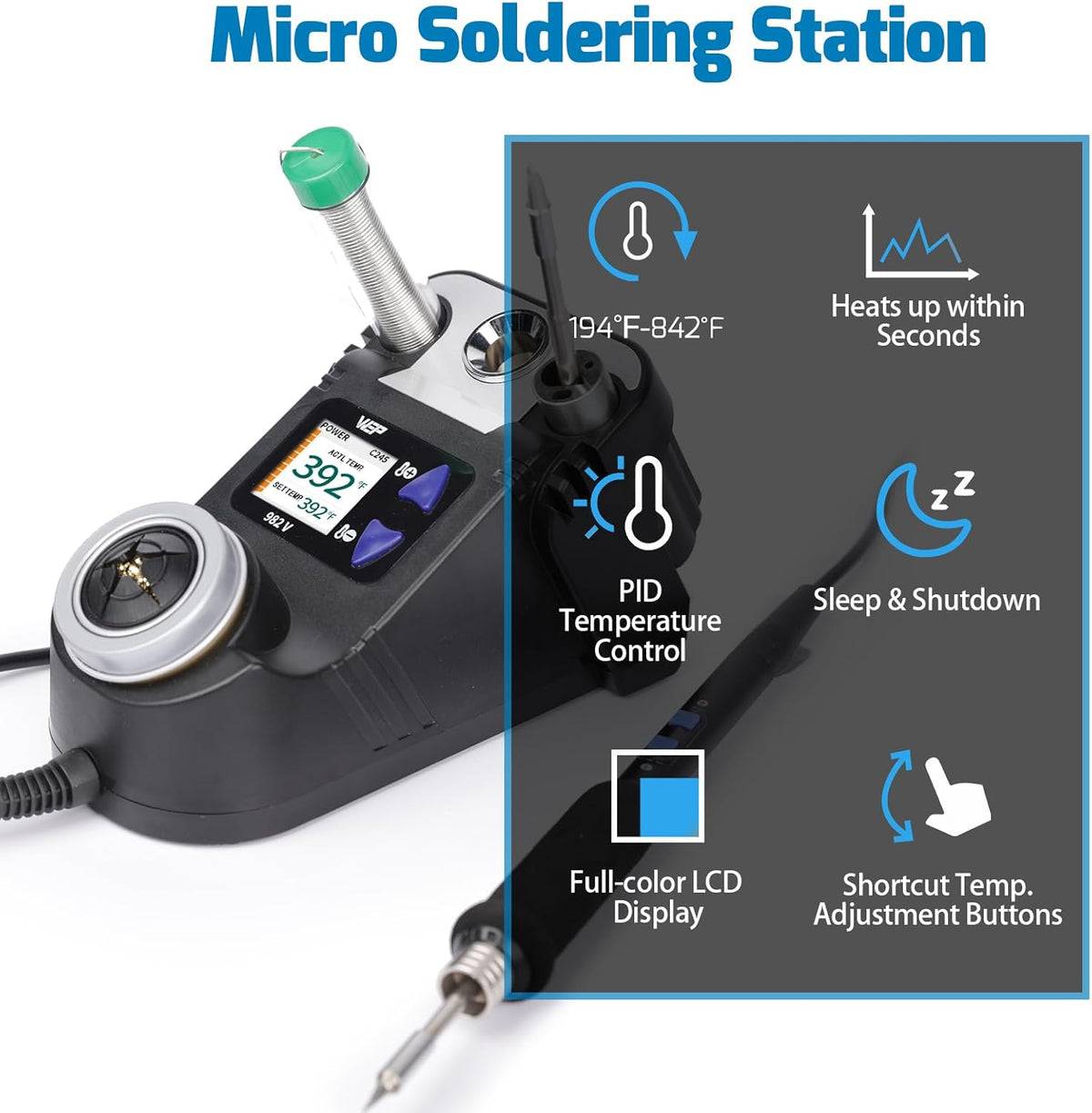 WEP 982-V Micro Soldering kit with 5 C245 Soldering Iron Tips, Temperature Control, Sleep Mode, Auto Shutdown and LCD Display