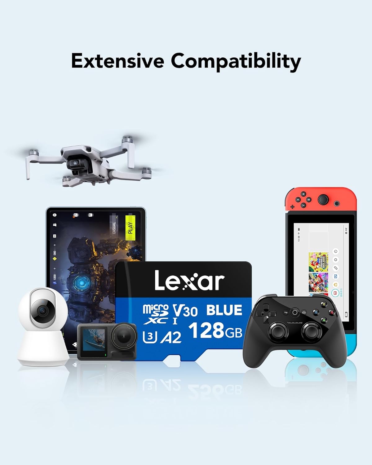 Lexar 128GB Blue Micro SD Card Up to 160MB/s, microSDXC UHS-I Memory Card with SD Adapter, C10, U3, A2, V30, Full HD, 4K UHD, High Speed TF Card