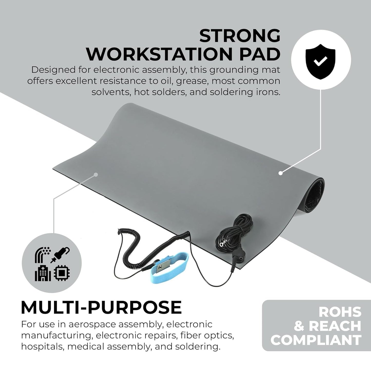MWRF ESD Mat Kit with Wrist Strap and Grounding Cord (2 FT x 4 FT x 0.12 Inch, Grey) - MWRF Source