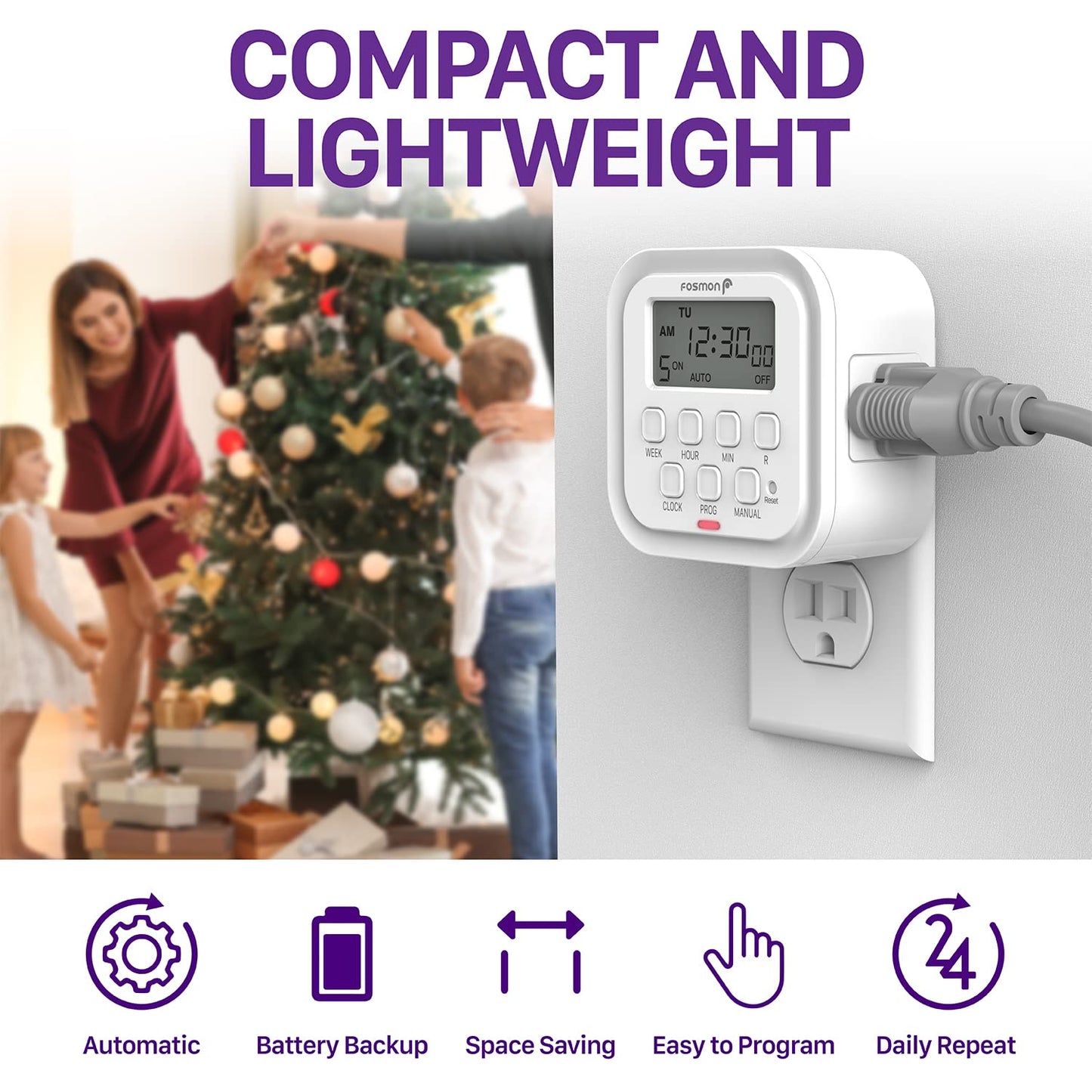 Fosmon 7 Day Digital Timers for Electrical Outlets, Indoor Plug-in Light Timers Switch Programmable, Electric Wall Plug for Lamp, Grow Reptile Lights, Aquarium, 15A/1875W, Grounded