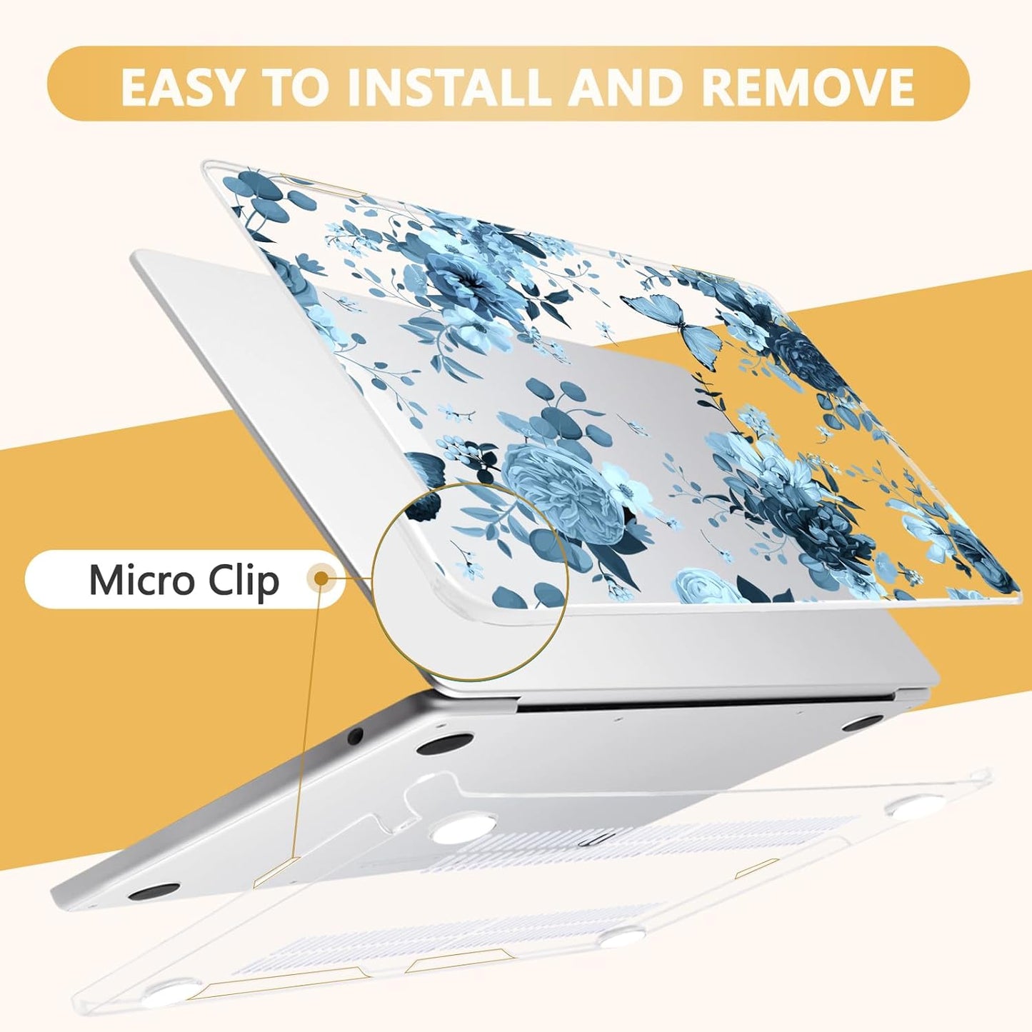 Compatible with MacBook Air 13.6 inch Case, M4 A3240/M3 A3113/M2 A2681 (Released 2025 to 2022), Hard Shell, Keyboard Cover, Screen Protector, Webcam Cover & Type-C Adapter, Blue Flowers