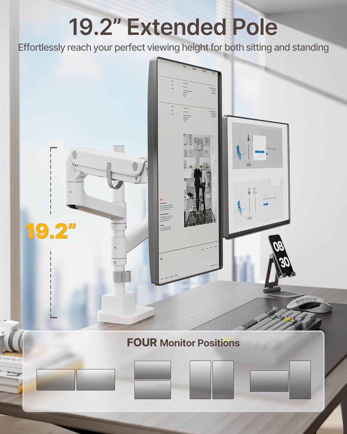 monTEK Dual Monitor Arm for up to 57" and 59.4 lbs Ultrawide Screen, Aluminum Heavy-Duty Gas Spring Vertical Stackable Curved Screen Adjustable Monitor Stand, 75/100mm Vesa Mount, White