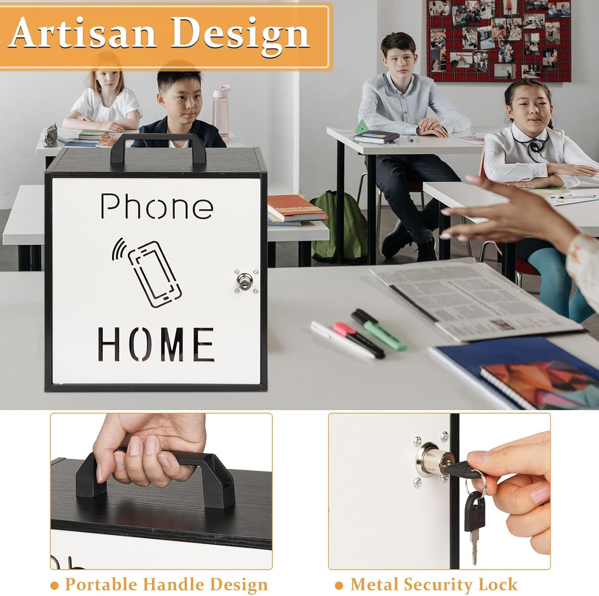 Cell Phone Holder Classroom 33 Slots Wooden Cell Phone Storage Cabinet Pocket Chart with Handle and Security Lock for Classroom Office (33 Grid Cabinet Black)