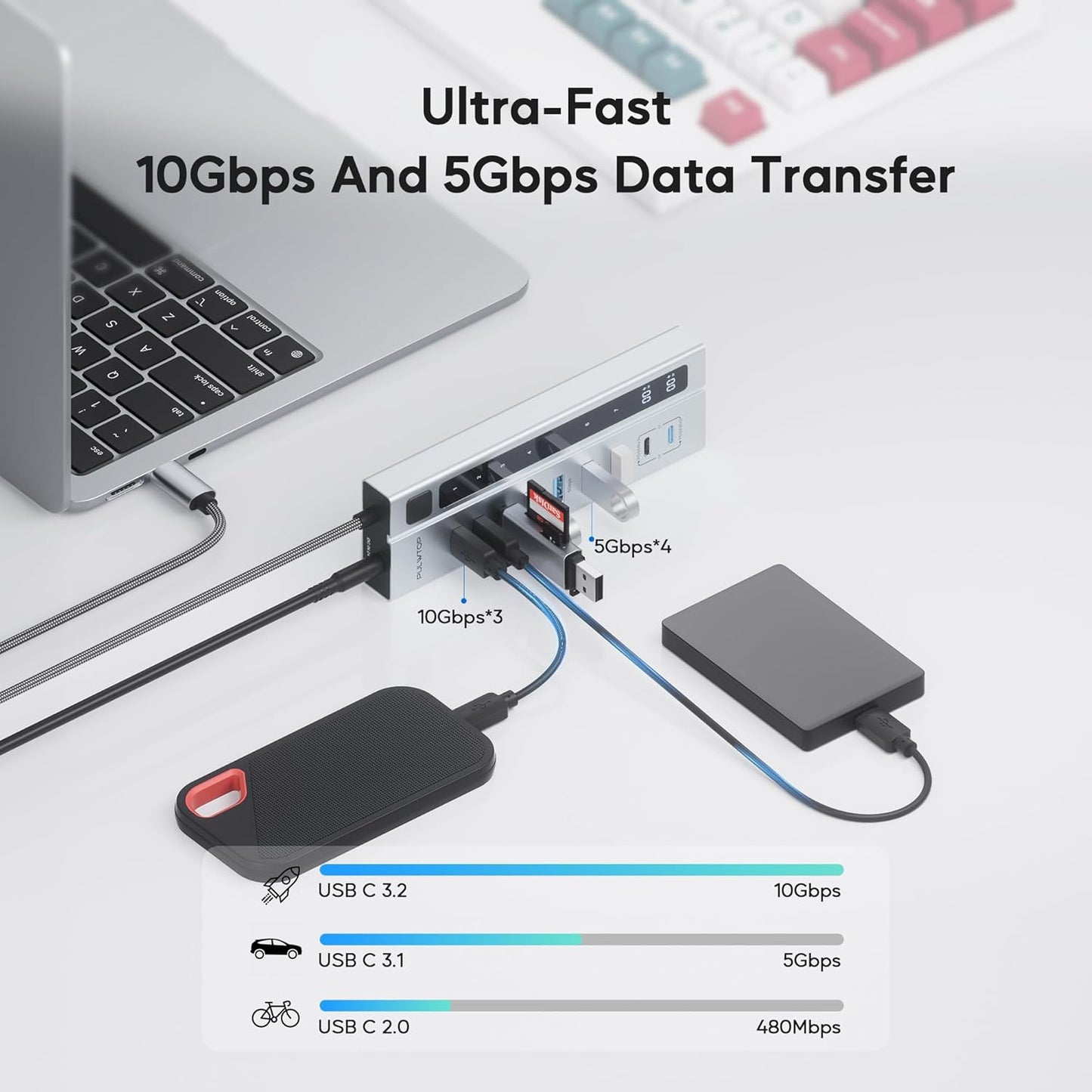 Powered USB C Hub, PULWTOP 9-in-1 USB-Hub suppprt 10Gbps & PD 45W Max Charging(Not Support Video), USB Powered Hub with 3 USB-C, 4 USB-A for Laptop, MacBook, iPad and More (72W Adapter Included)