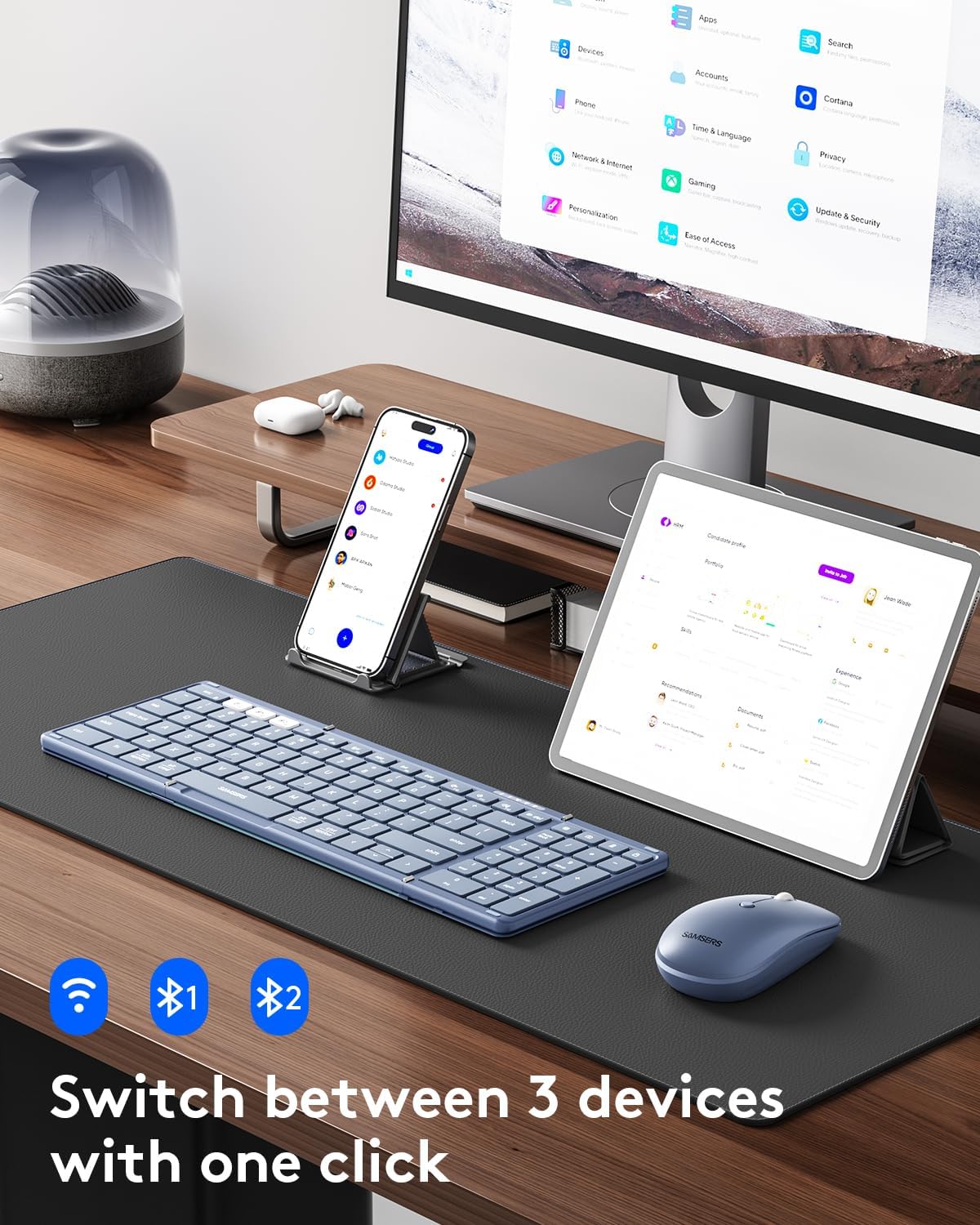 Foldable Keyboard and Mouse, Samsers Folding Bluetooth Keyboard Combo, 2.4G + BT5.0 x 2, Full-Size Portable Travel Keyboard & Rechargeable Wireless Mouse for Windows Android iOS Mac OS, Blue