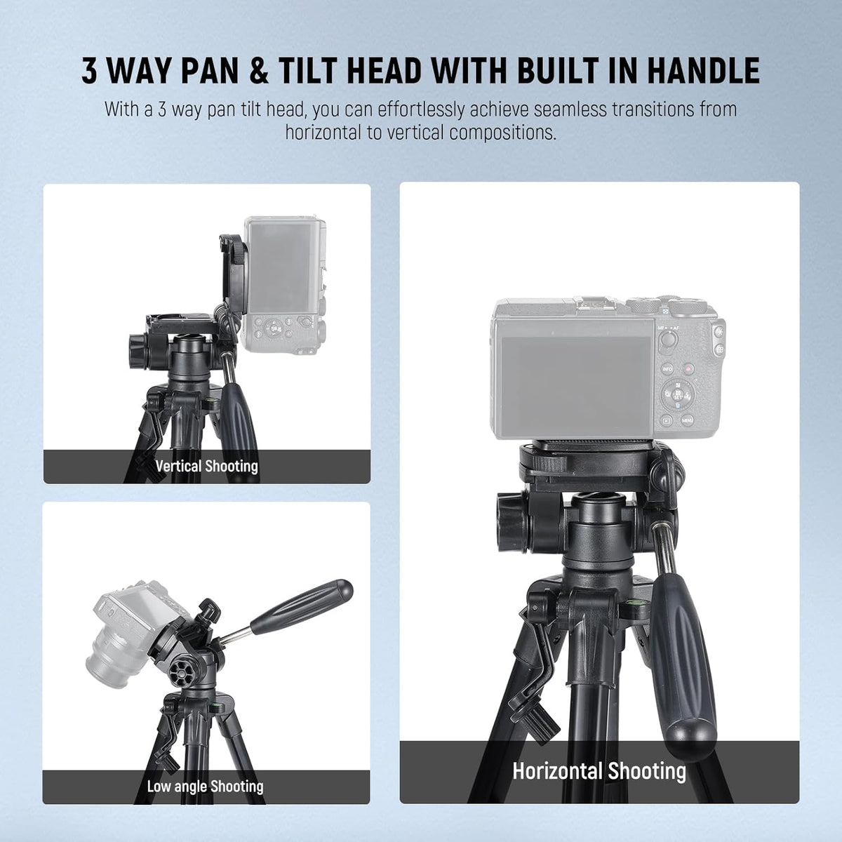 NEEWER Basic Mini Desk Tripod for Camera with 3 Way Pan Tilt Head & Handle, Small Portable Metal Tabletop Selfie Stick Stand with 1/4" Screw for DSLR Vlog Video Recording, Max Load 13.2lb, TP02